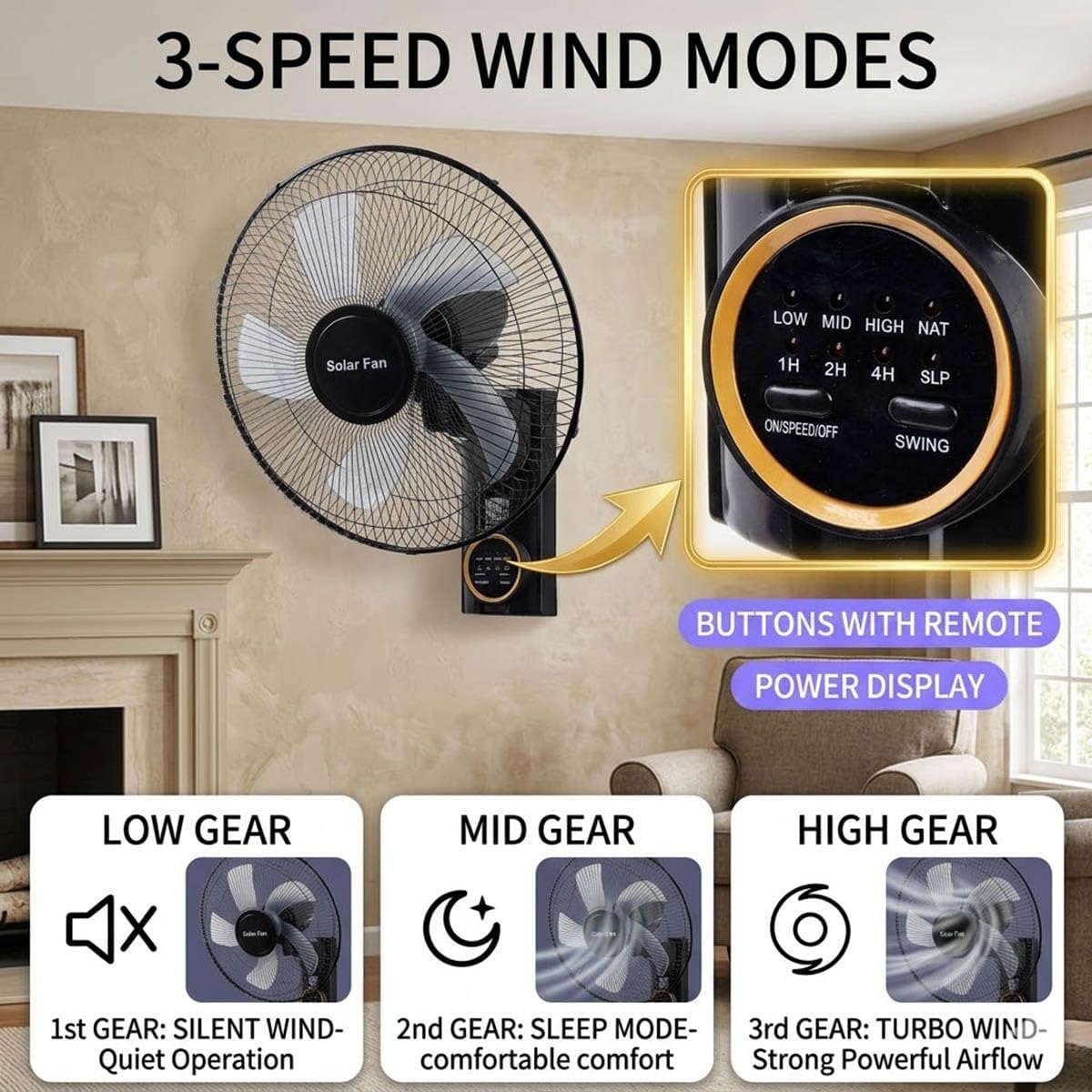 16" Wall Mounted Outdoor Solar Fans for Patios, Oscillating Fan with Remote Control, 5 Blades 3 Speeds,Adjustable Tilt, Solar Powered Fans for Outside Greenhouse Pet House