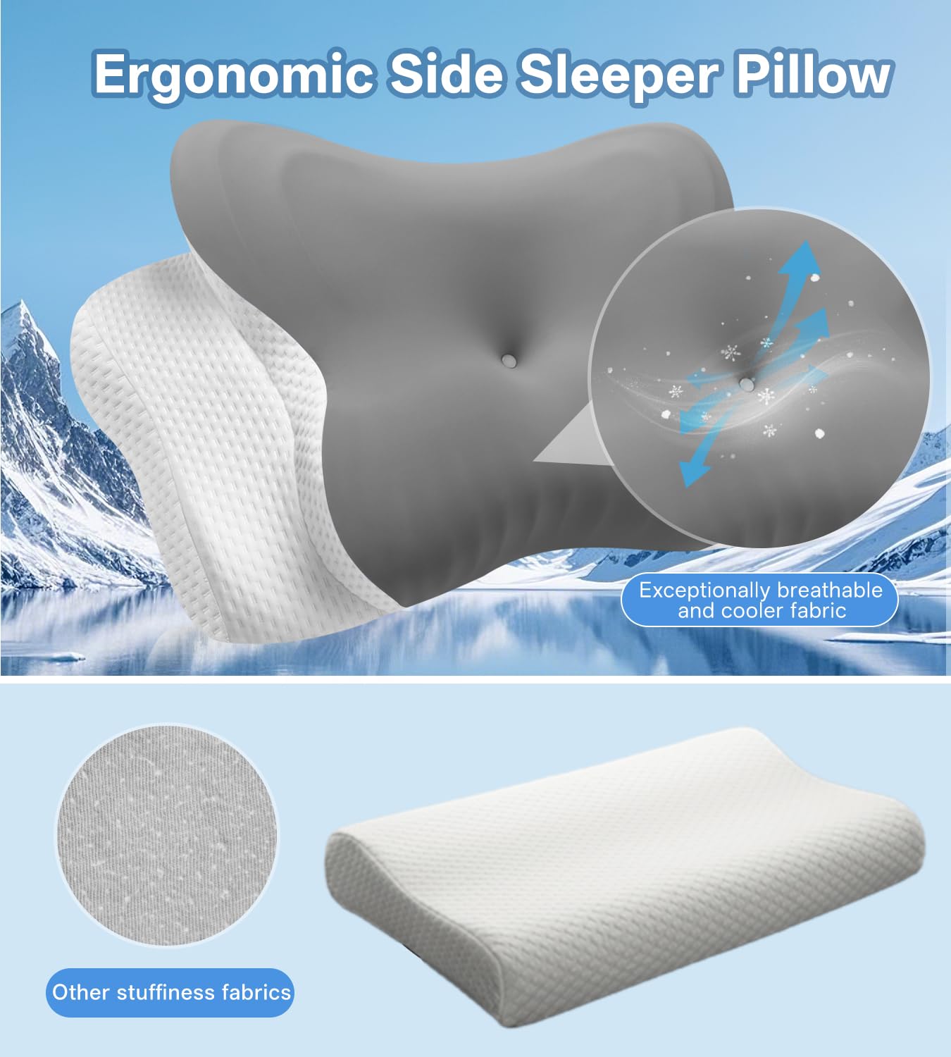 Memory Foam Pillow for Neck Pain - Cervical Neck Pillow for Side Sleepers Back Stomach Sleepers with Breathable Pillowcase, Ergonomic Pillow for Neck and Shoulder Pain (Grey) — view 2