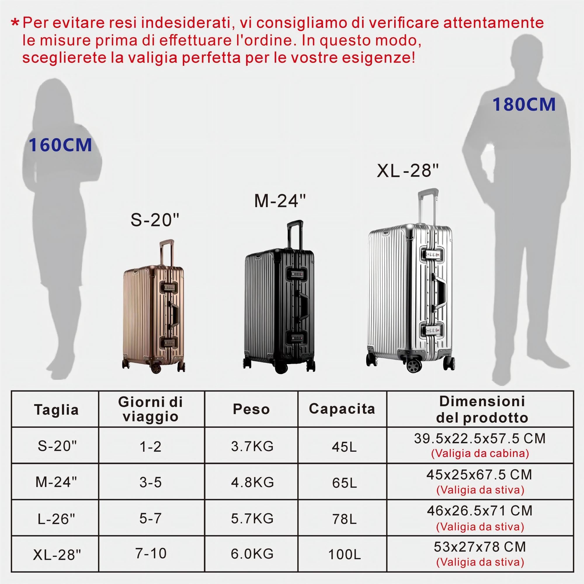 Aoliwei Valigia Bagaglio a Mano con coque in alluminio 100% puro. Valigia Trolley con 4 Ruote Doppie Girevoli e Lucchetto TSA Integrato(Argento,M)