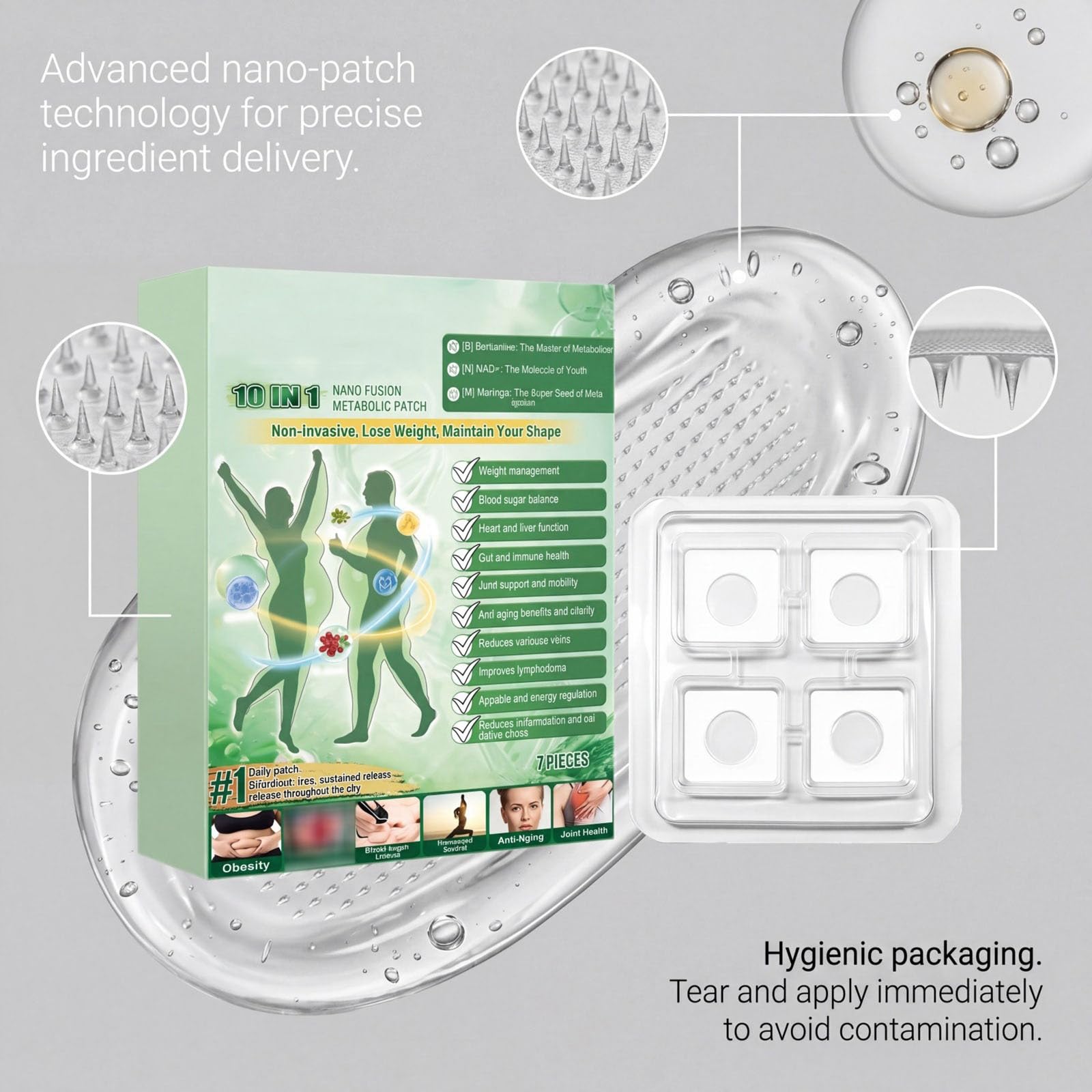 Cerotti Metabolici 10-in-1 con Berberina, NAD e Moringa, 7 Cerotti | Cerotto transdermico 10 in 1 con nanodiffusione, arricchito con berberina, NAD e moringa, regola la glicemia.