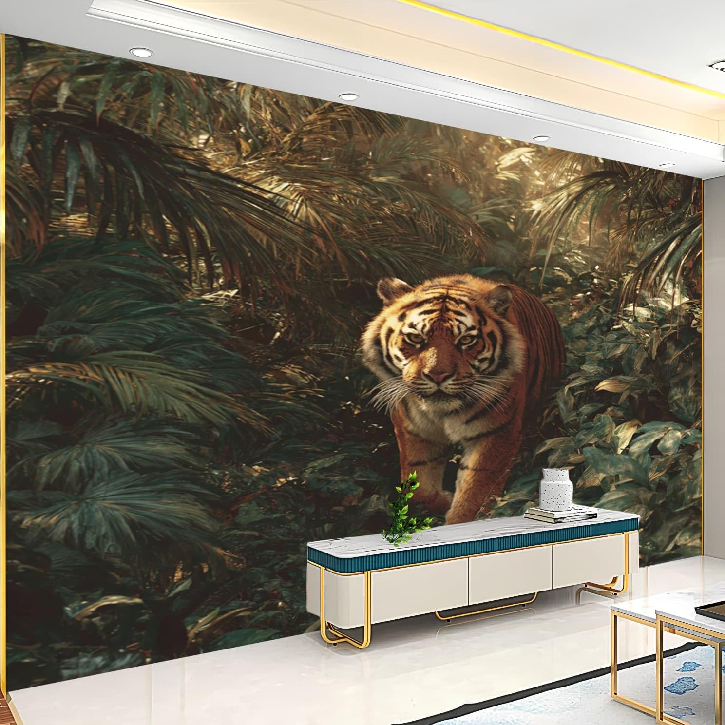 Carta Da Parati Fotografica Bambini 250x175 cm Tigre Della Giungla Tropicale Carta da Parati Panoramica Fotomurali in TNT Murale Verde Poster Gigante Design per Camera Ragazzo Ragazza