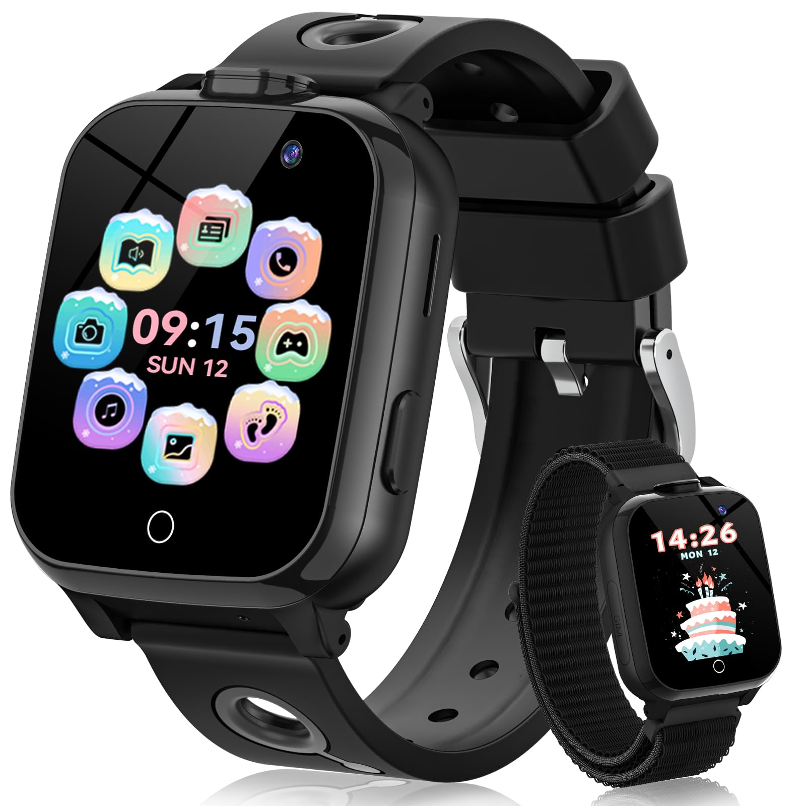 PIULAXIU Smartwatch per Bambini - Orologio Intelligente per Bambini con Telefono, 13 Sveglie per Abitudini, Audiolibri, 30 Giochi, SOS, Modalità Scuola, Fotocamera, Regalo per Ragazzi e Ragazze (Nero)
