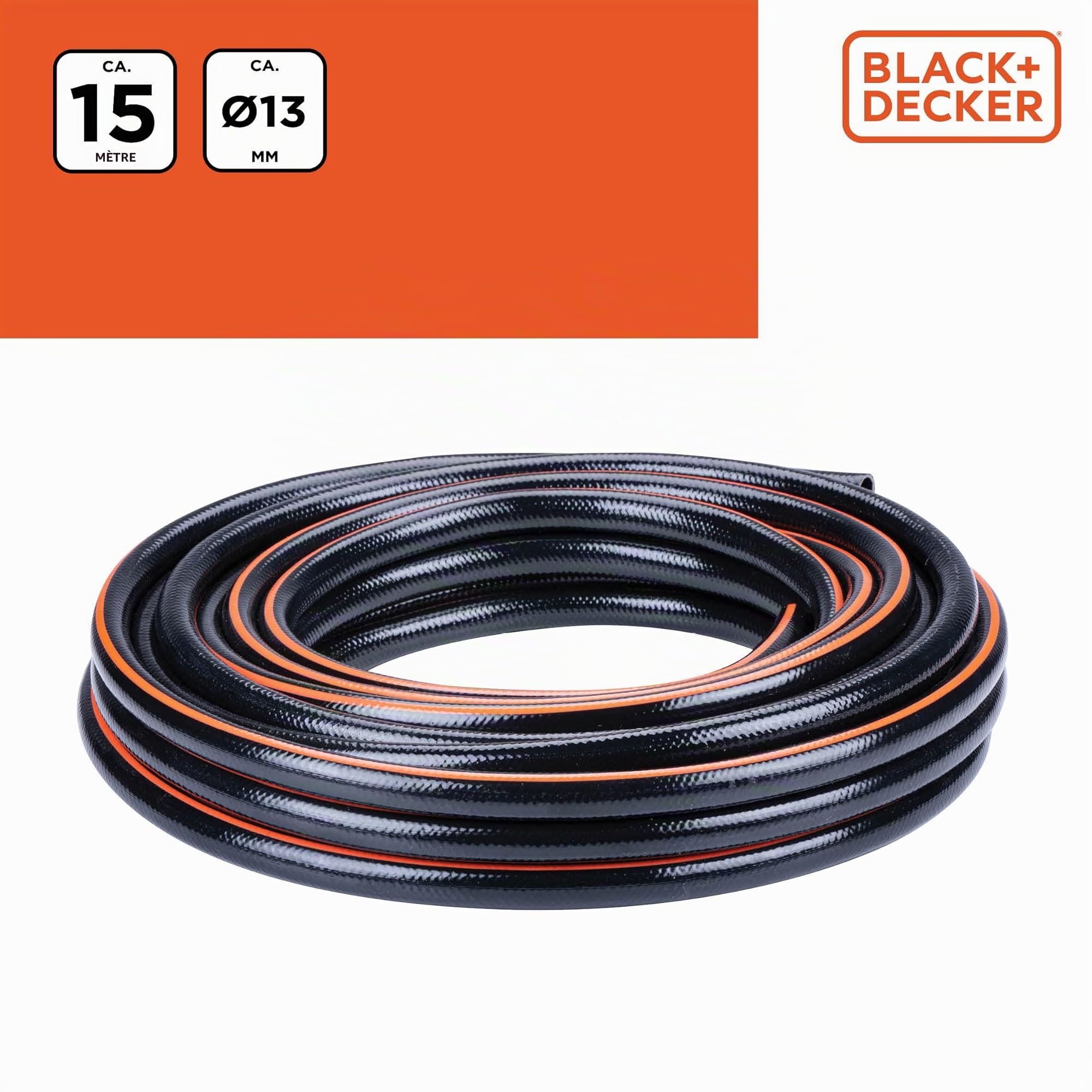 BLACK+DECKER Tuyau d'Arrosage 15M - Tuyau Jardinage ⌀13 mm - Outillage de Jardin - Max. 6Bar - PVC - Noir/Orange