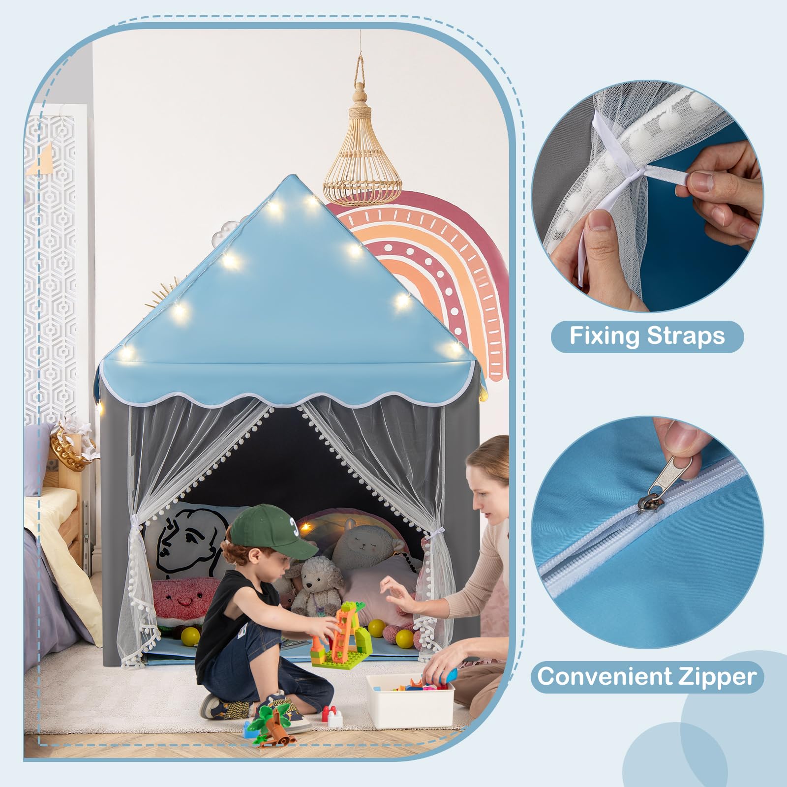 HOMASIS Tenda da Giochi per Bambini, Casetta per Bambini Interna con Tappeto Lavabile e Luci a Forma di Stella, Casa Giochi con Porta e Finestre, 105 x 121 x 136 cm (Blu)
