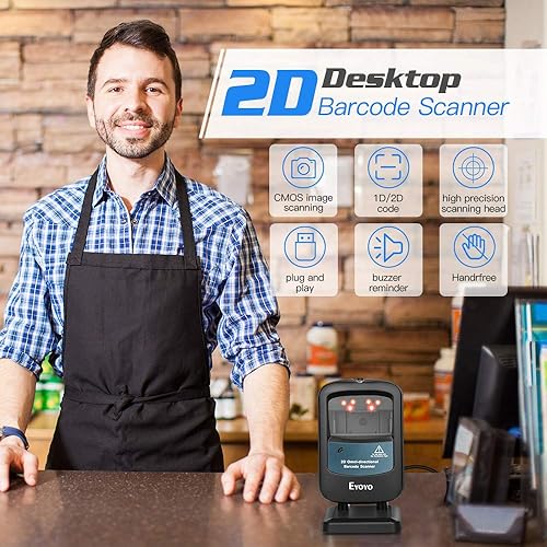 Miniatura 2 de Eyoyo Escáner de código de barras manos libres 2D, lector de código de barras de escritorio con cable USB omnidireccional 1D 2D PDF417 lector de