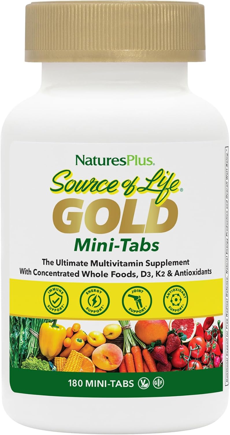 NaturesPlus Source of Life GOLD Multivitamin - 180 Mini-Tabs - With Vitamins D3, B12 & K2 - Blood, Bone & Immune Support - Vegetarian & Gluten Free - 30 Servings