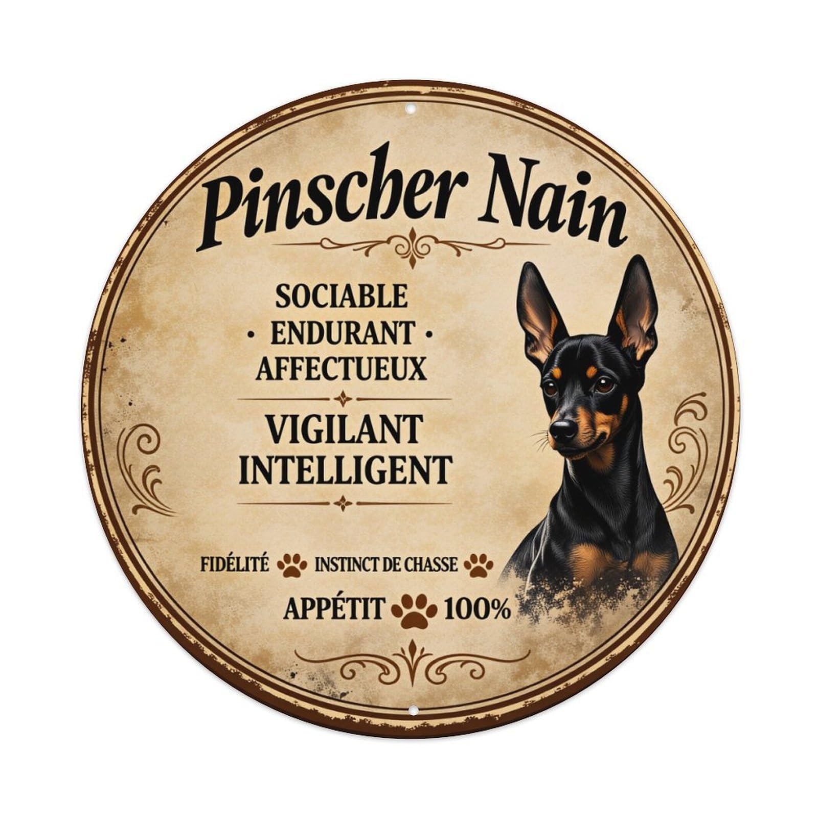 Pinscher Nain Dog Portrait Label Round Tin Sign Vintage Style Metal Sign Home Bar Garden Wall Plaque Decor Metal Poster 8x8 Inch
