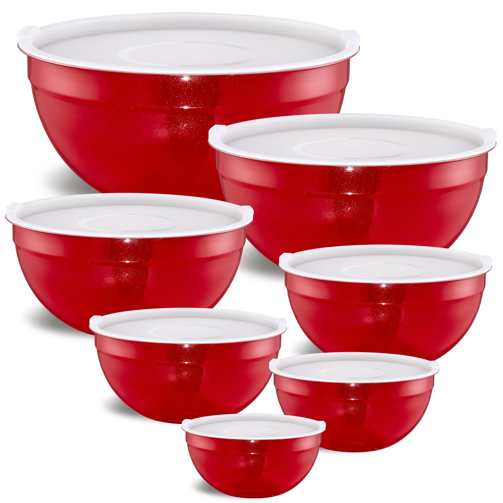 Cuencos rojos para mezclar con tapas herméticas, juego de 7 cuencos de acero inoxidable, ideales para hornear, preparar y servir alimentos, tamaño 7, 3.6, 2.7, 2.1, 1.5, 1.1, 0.8 cuartos de