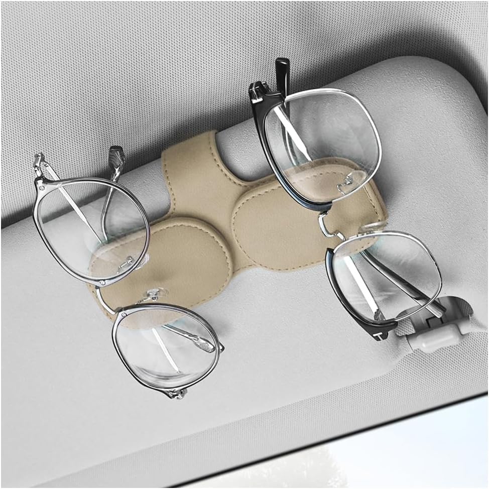 車 サングラスホルダー レザー メガネホルダー 車載用サングラスホルダー 取り付け簡単 チケット カード収納 眼鏡ホルダー カードクリップ車用 サンバイザー取付 カー用品 車載収納用 便利グッズ (ベージュ)