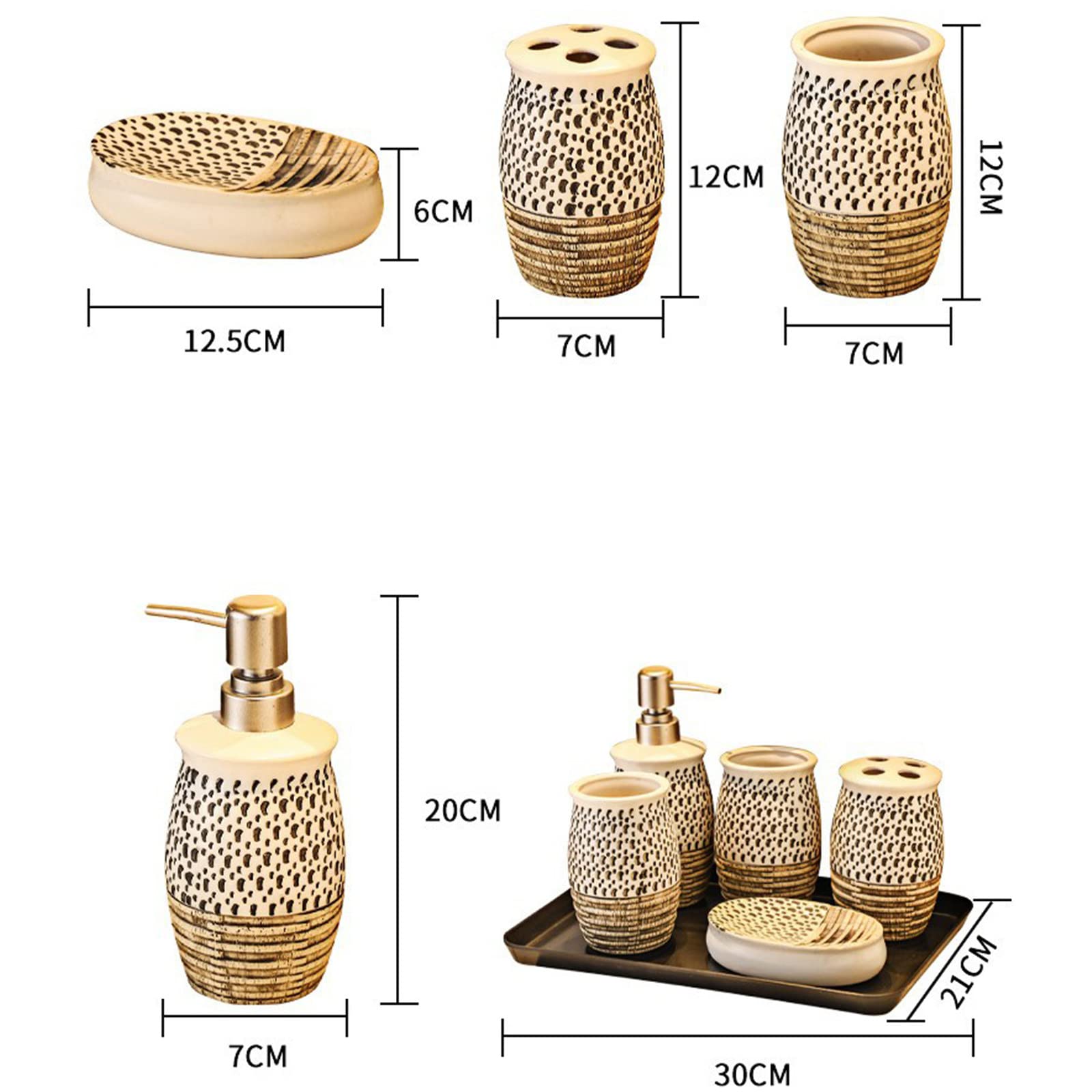 Juegos de Accesorios de baño, Antiguo Acesorios Cuartos de Baño 5 Piezas con Dispensador Jabon Baño, Jabonera Baño, Porta Cepillo de Dientes, Bandeja, para Champú Cerámica Marrón