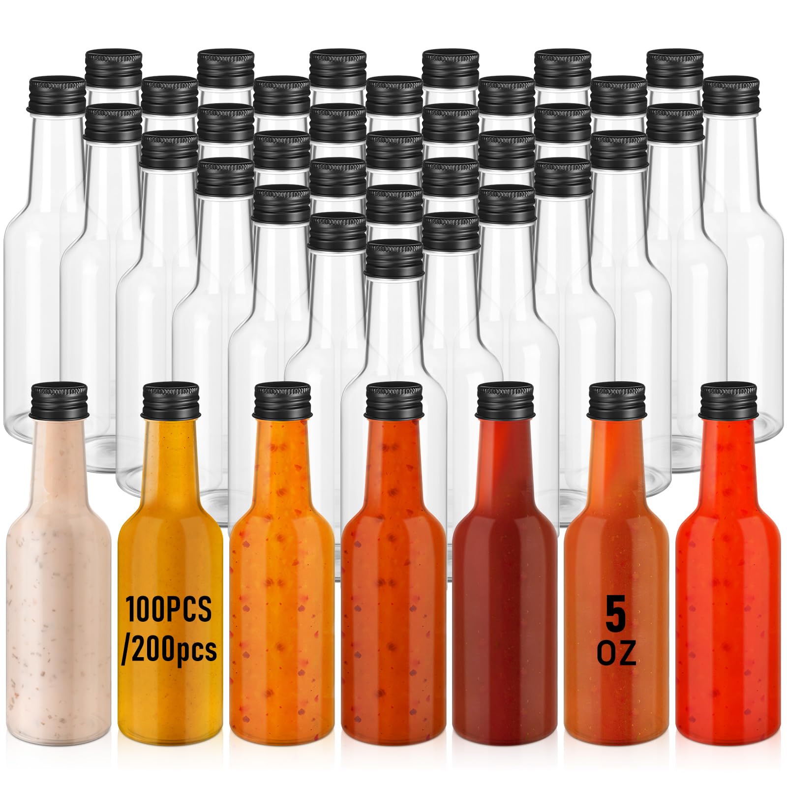 Zubebe 100 Pcs Hot Sauce Bottles Small Plastic Clear Woozy Bottles Empty with Leak Proof Black Screw Cap Mini Wine Liquor jars for Kitchen Sauce Salad Dressing Syrup Juice Whiskey (5 oz)
