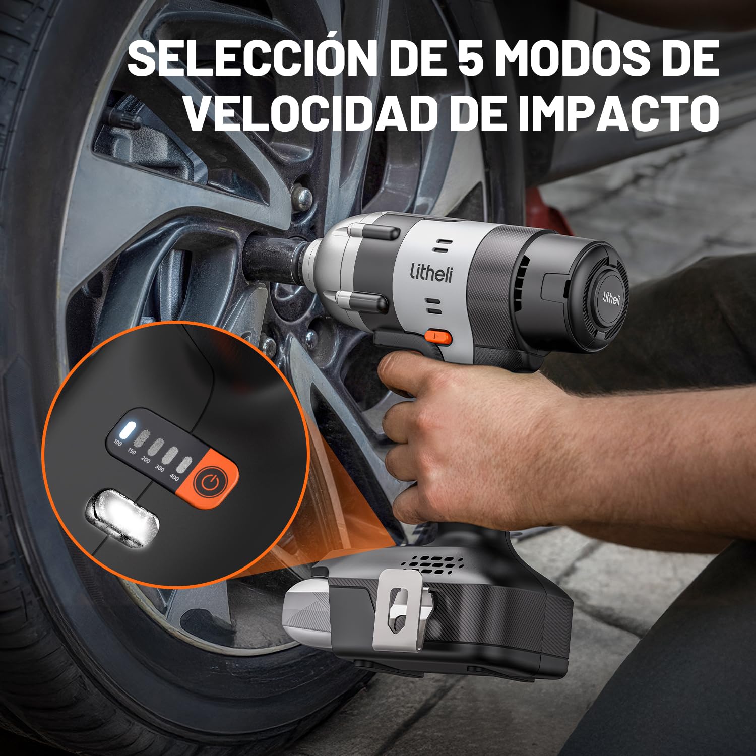 Litheli Llave de impacto con batería, par de torsión de 400 Nm, con batería de 2,0 Ah, llave de impacto de 1/2 pulgadas con luz LED, velocidades variables para casa, coche, muebles de bricolaje