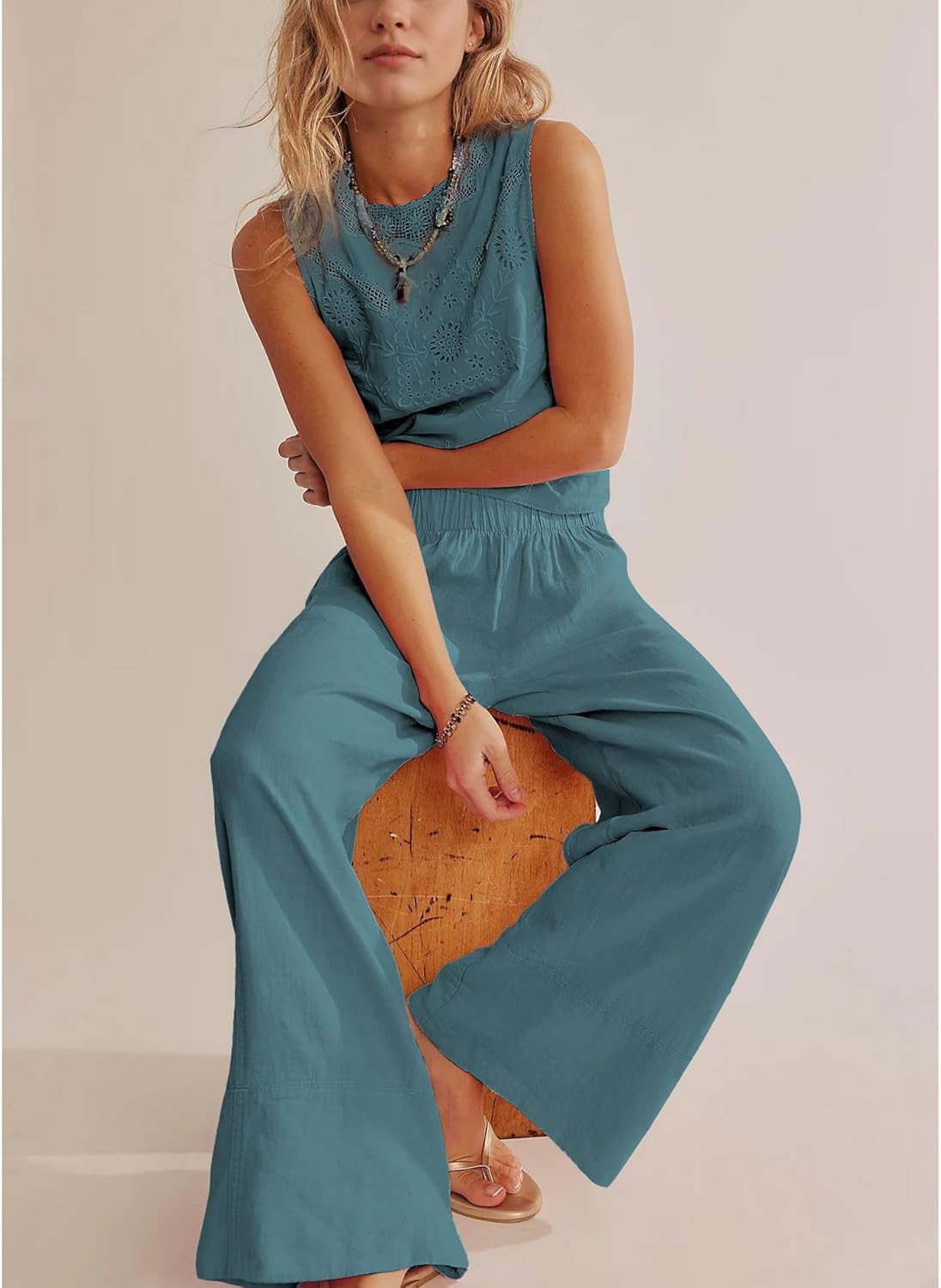 Songling Wide Leg Linen Pants for Women Summer Cotton Casual Palazzo Pant Boho Flowy Beach Pants with Pockets - Image 6