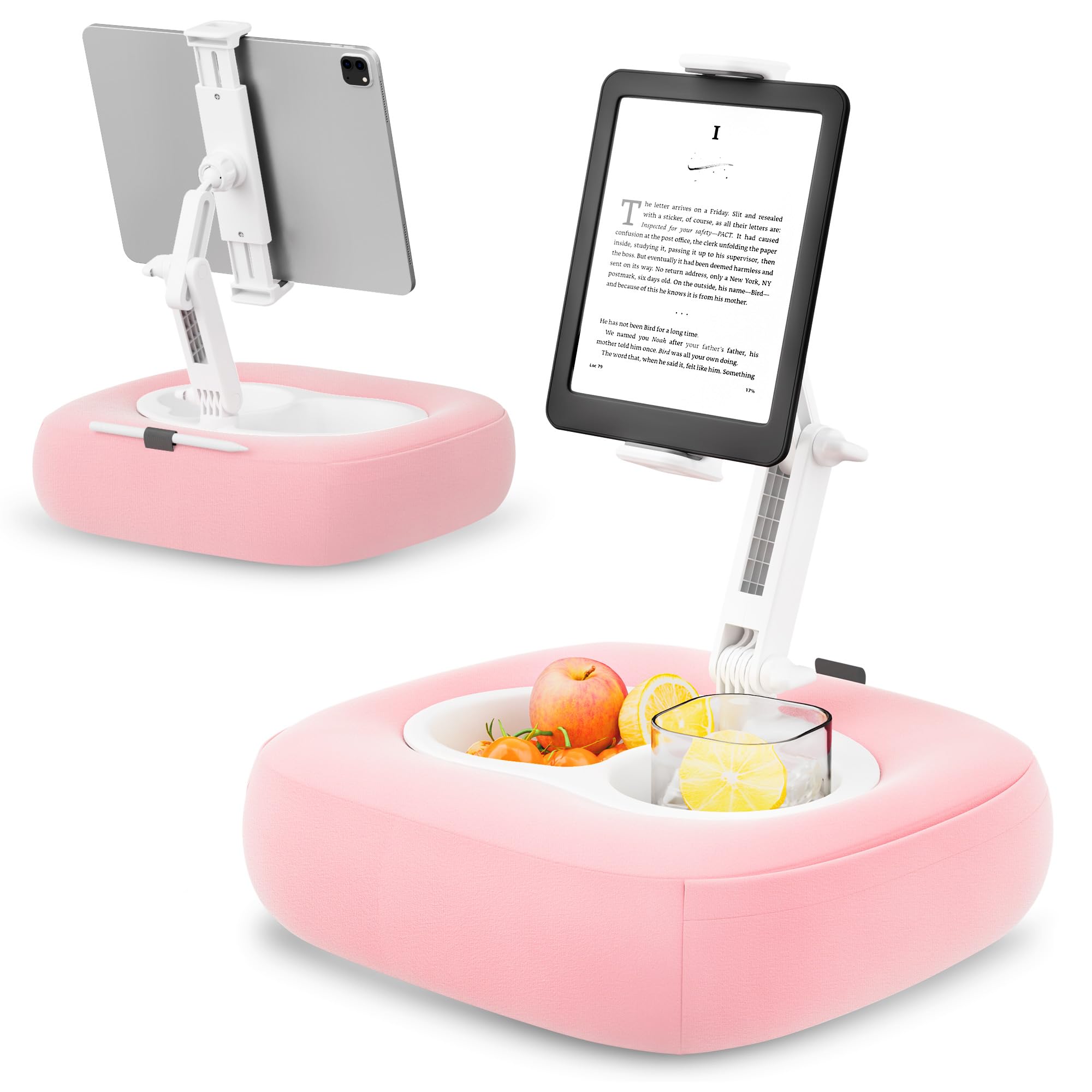 Soporte de cojín para tableta, soporte para Kindle con 2 cuencos para aperitivos, soporte ajustable de 360 ° para iPad de 4,7 a 13 pulgadas, iPad, Kindle, smartphone, accesorios Kindle en