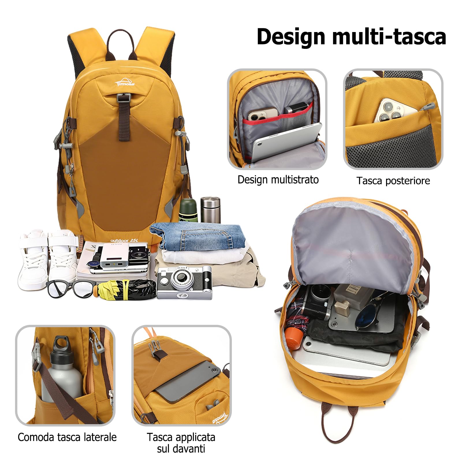 25L Zaino da Trekking Zaino Impermeabile Grande Zaini Leggero con Striscia Riflettente Tessuto Oxford Backpack per Donna Uomo Campeggio Arrampicata Viaggio Sport Nero