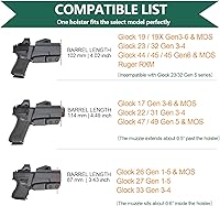 Vista 2 de WARRIORLAND Funda OWB Kydex con corte óptico, ajuste seleccionado para Glock 17/19/19X/43/43X MOS, sin riel 1911, Hellcat/Hellcat Pro, Taurus