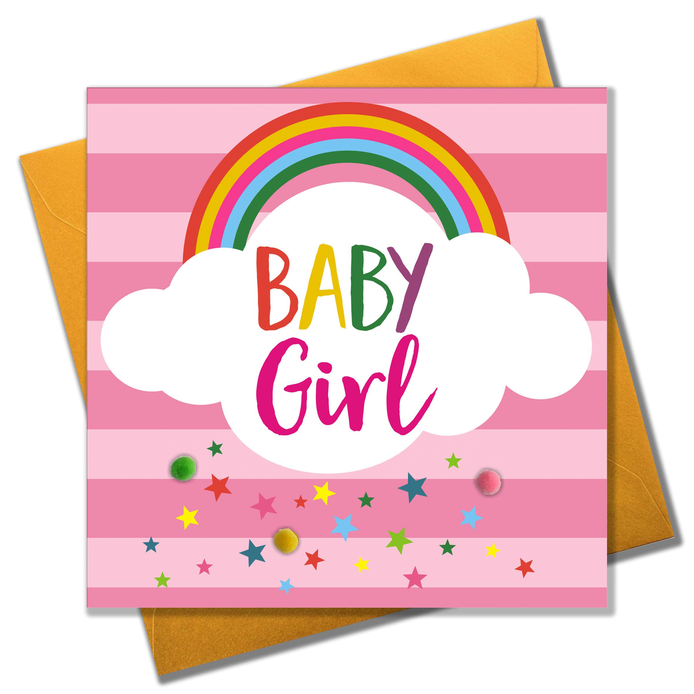 Claire Giles Greeting Cards, Baby Card, Pink Stripes, Baby Girl, Embellished with colourful pompoms