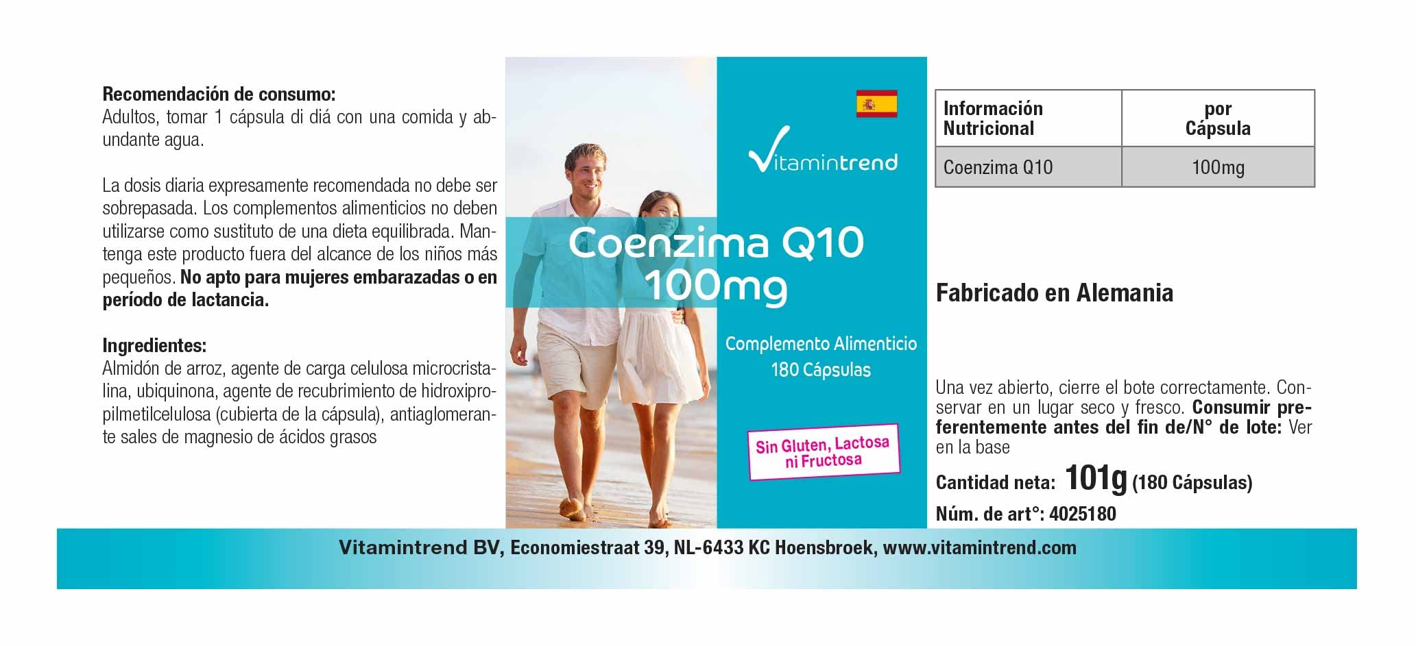 Vitamintrend Coenzima Q10 100 mg, 180 capsule, facili da deglutire, ad alto dosaggio, integratore alimentare vegano senza magnesio stearato, prodotto in Germania