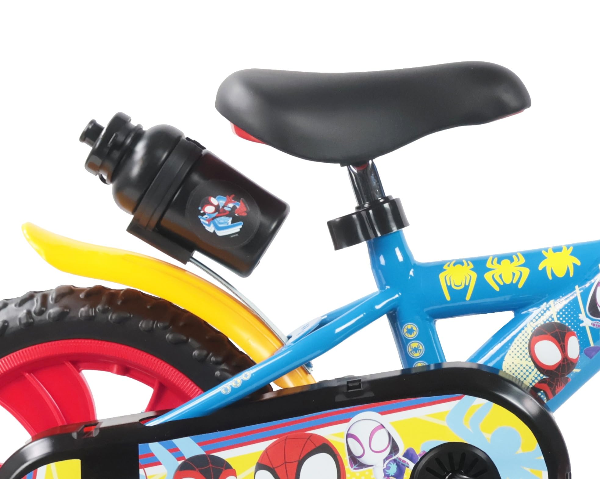 Vélo 12" Spidey et Ses Amis - Cadre & Fourche Rigide Acier - 1 Frein - Pneus Increvables EVA - Roues Bâtons - 2 Stabilisateurs - Garde Boue - Carter de Protection - Bidon arrière