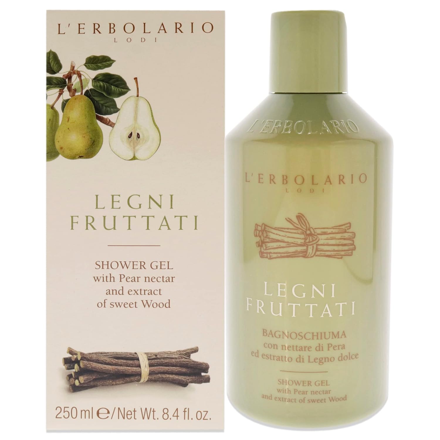 L'Erbolario Shower Gel – Nourishing and Moisturizing Body Wash - Woody Body Soap with Pear and Licorice for Sensitive Skin - Fruity Woods - 8.4 oz