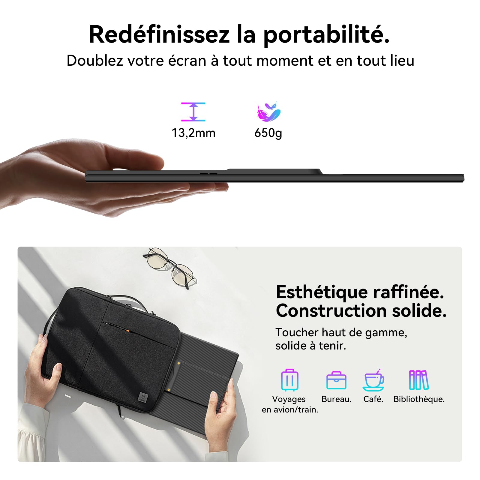 Blackview Écran Portable 16.1 Pouces FHD 1200P Ultra-Fin, Base magnétique pivotante à 360°, pour Ordinateur Portable, idéal Voyage et Bureau, Plug and Play - Compatible Windows, Mac, PC, PS5