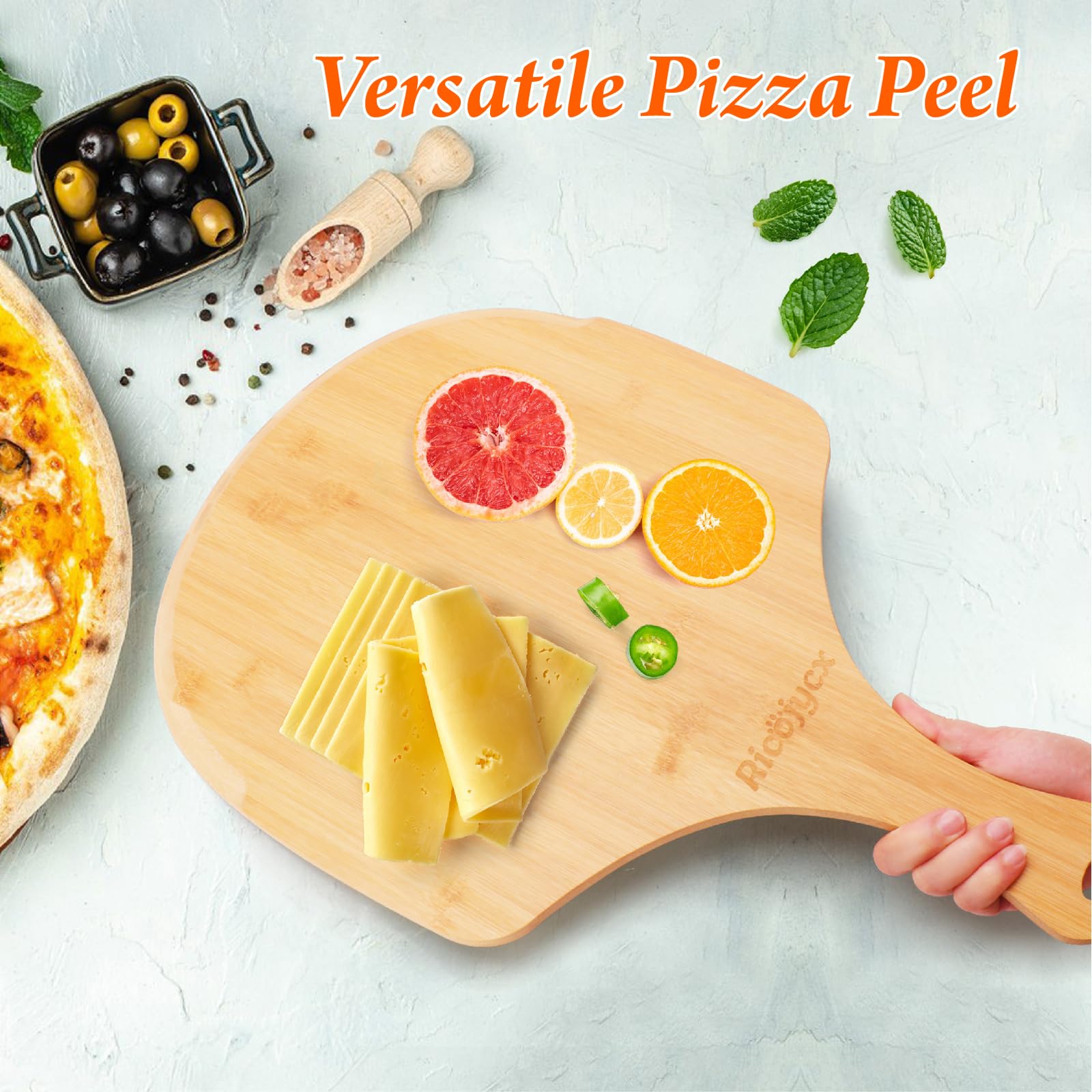 Zestaw łopat do pizzy i desek do krojenia, 35 cm, naturalny bambus, 2 sztuki
