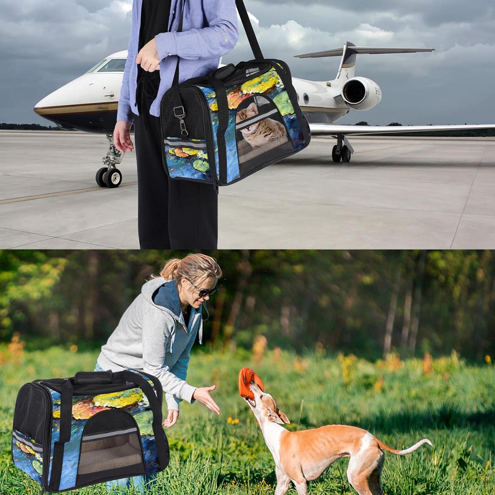 Transporttasche für Haustiere, Motiv: Seerose, Lotus, Ölgemälde, weiche Seiten, für Katzen, Hunde, Welpen, bequem, tragbar, faltbar, für Fluggesellschaften zugelassen