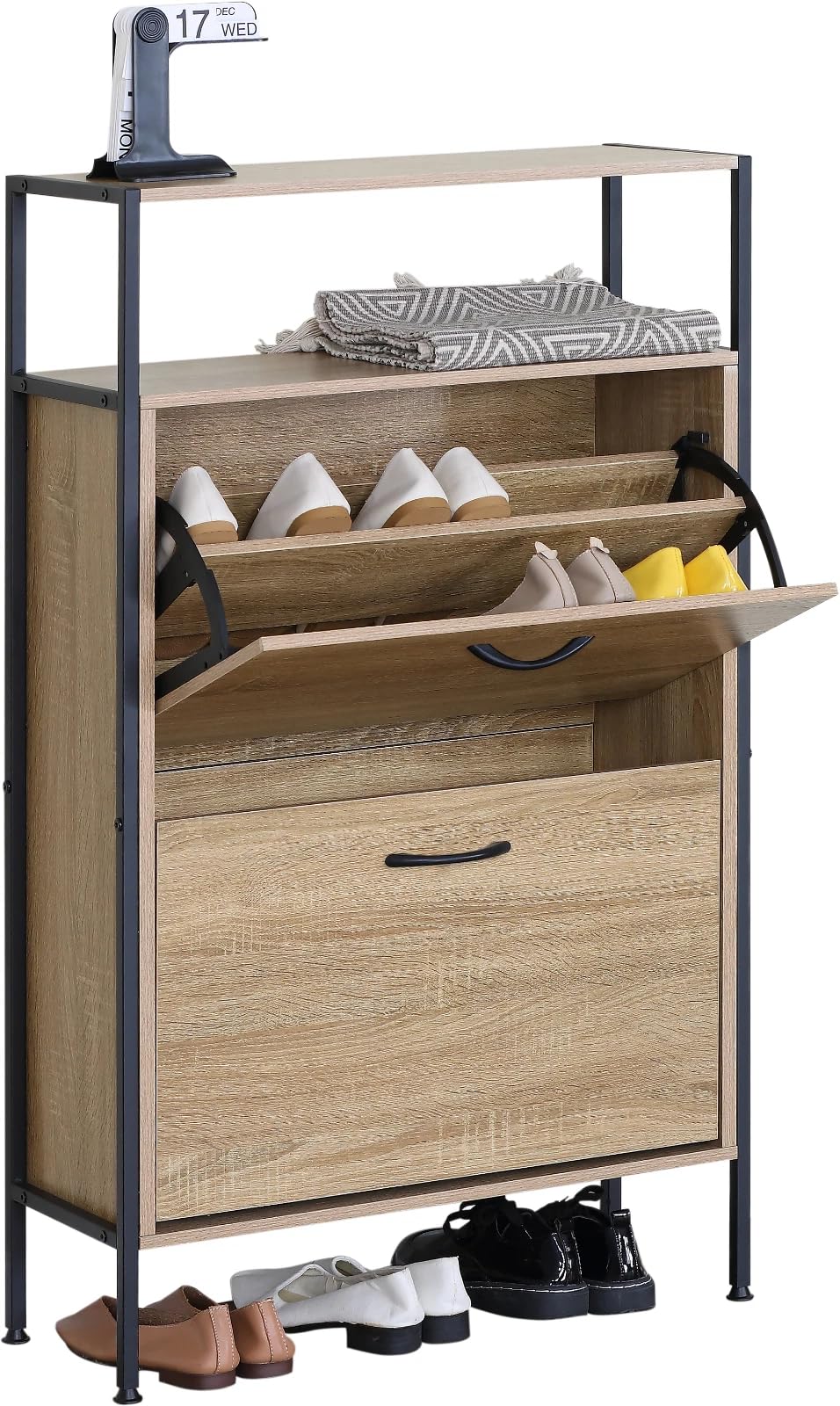 Shoe Cabinet with 2 Drawers, Pull Down MDF Wooden Shoe Storage Shelves Organizer Cupboard Shoes Rack Cabinet Freestanding Footwear Rack Stand Hallway, Entryway, Living Room 63x24x105cm
