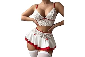 3-Piece Mesh Lingerie Set with Floral Lace Babydoll, Garter, and Skirt