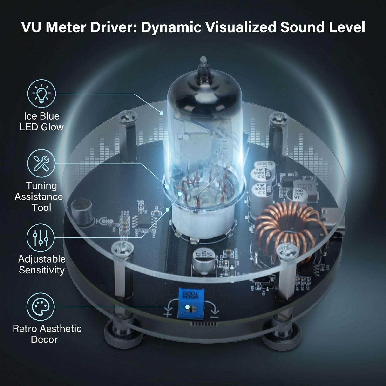 XUMIUZIY Scheda Driver VU Meter, Indicatore di Livello dello Spettro Sonoro a LED con Rilevamento a Valvola, Effetto Visivo Respiro con Alone Blu Ghiaccio — Per Amplificatori da Scaffale