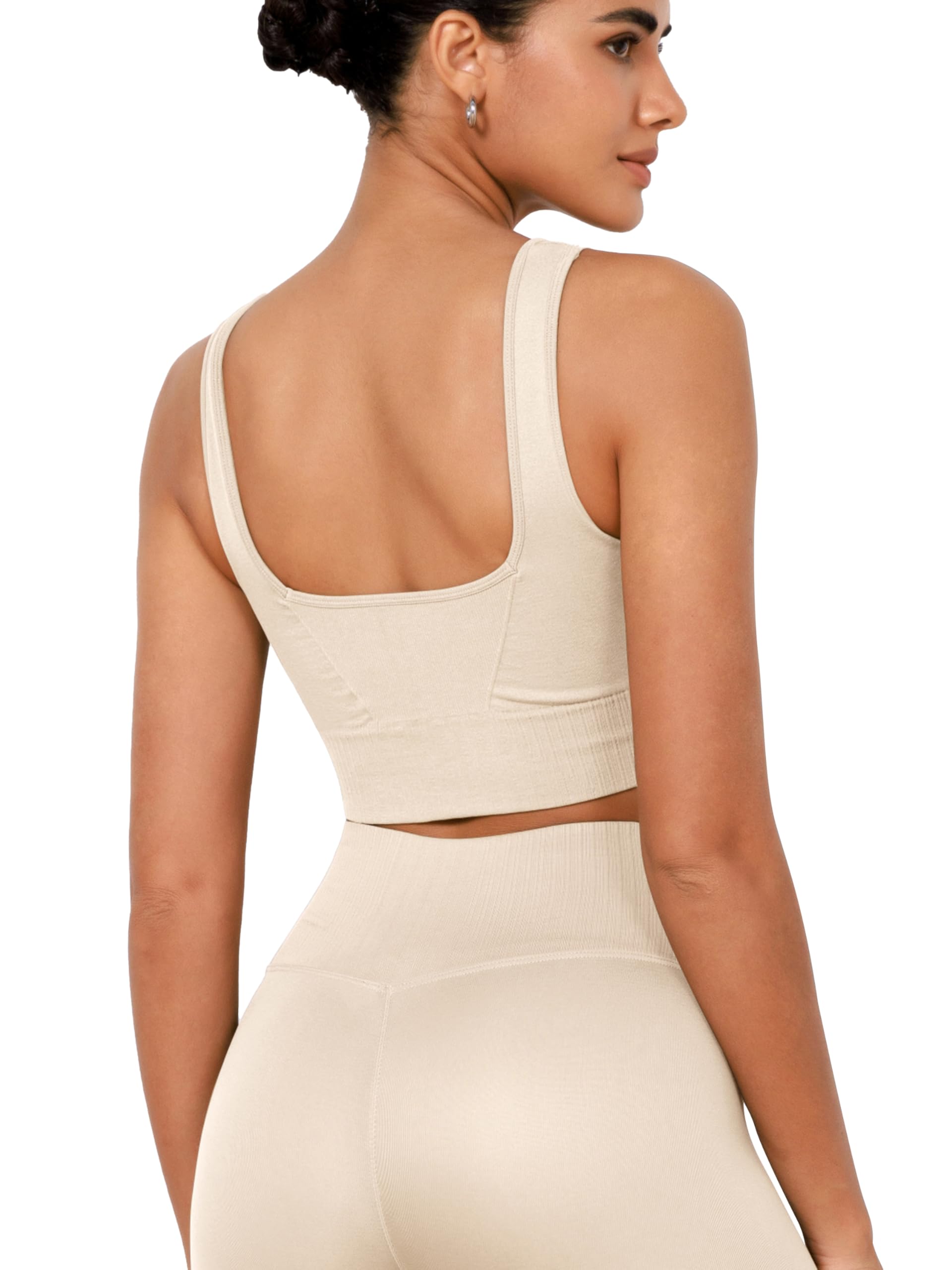 ODODOS Seamless Square Neck Sports Bra for Women Ribbed Crop Tank Casual Low Back Cropped Tops
