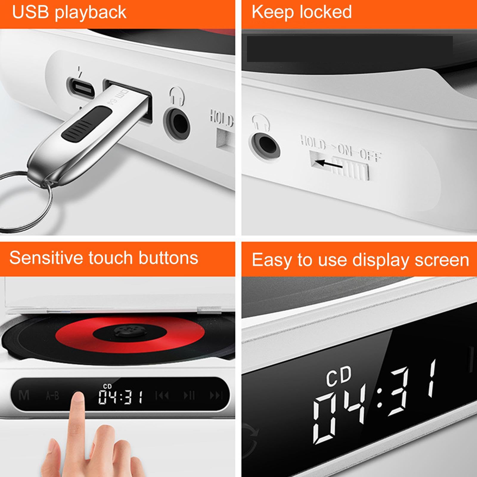 Disk Player Portable, Wireless Touch Control Small Music Player con cuffie | musicale ricaricabile Music Anti-Shock Personal Compact Disc Player per casa e viaggi