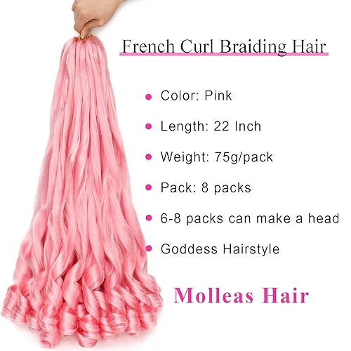 Miniatura 3 de 8 paquetes de cabello rizado francés rosa para trenzar, cabello rizado francés preestirado, cabello de ganchillo ondulado suelto para mujeres