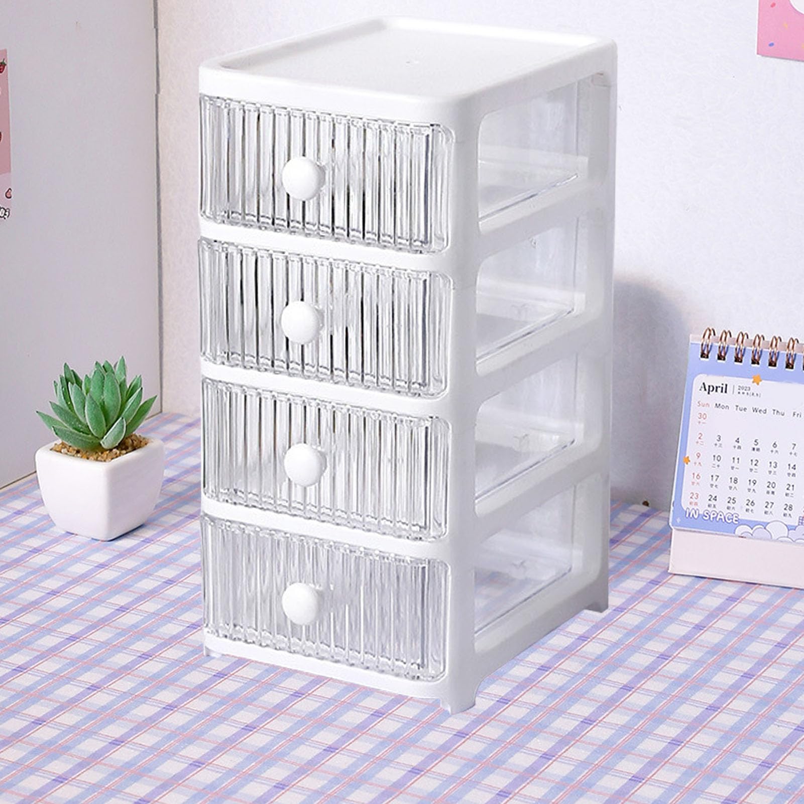 Desktop Storage Bin with Drawers Multifunctional Desk Organizer for Home Bedroom, Plastic Material (4 Tier)