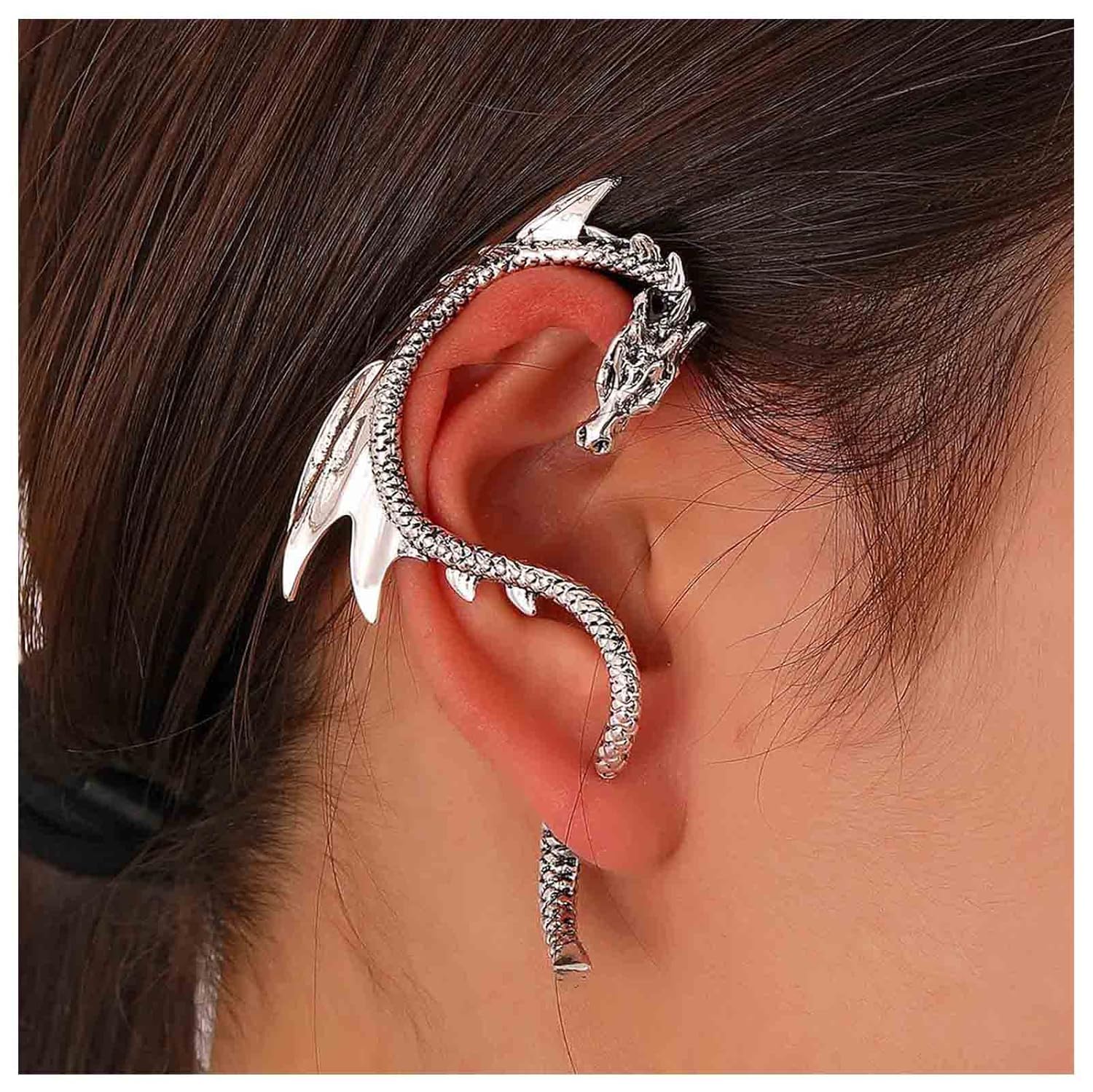 Andelaisi Punk Dragon Ear Cuff Earrings Vintage Silver Cuff