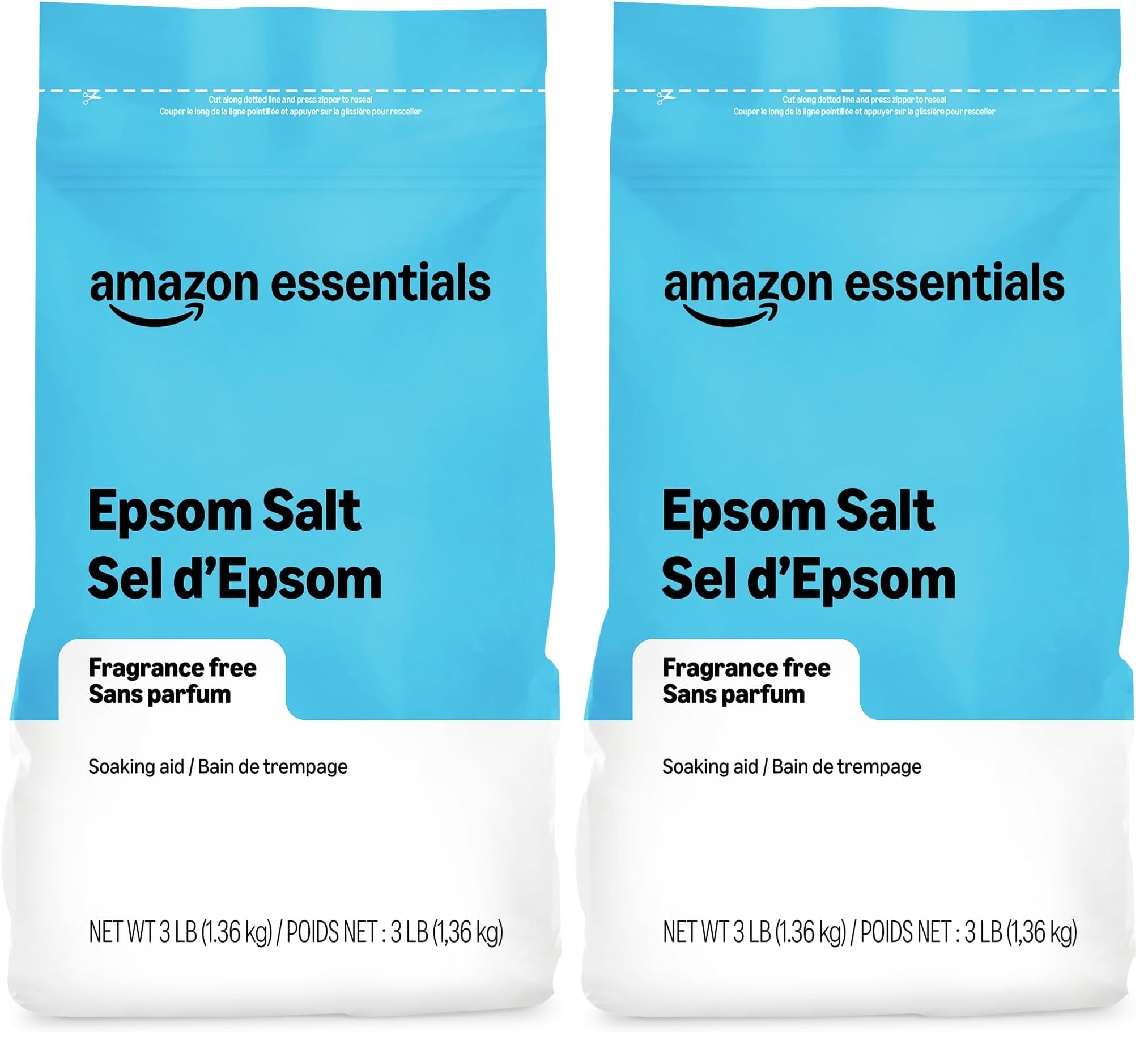 Amazon Basics Epsom Salt Soak, Unscented, Magnesium Sulfate USP, Muscle and Feet Relaxation, Resealable Bag, 3 Pound (Pack of 2)