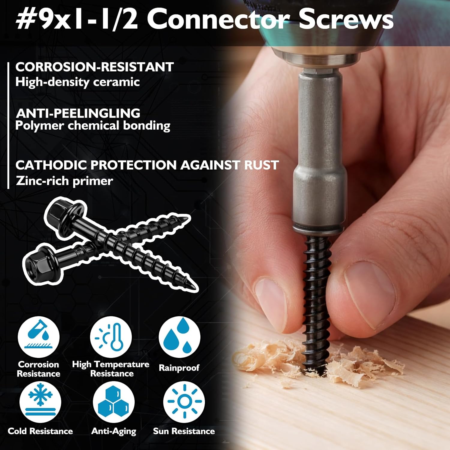 MorningRo 5 lb Joist Hanger Screws Bulk #9 x 1-1/2" Connector Screws 1/4" Hex Head Wood Nails with Washer Hex Bit Galvanized Corrosion Resistant for Fencing Decks Frames Bridge Construction(Black)