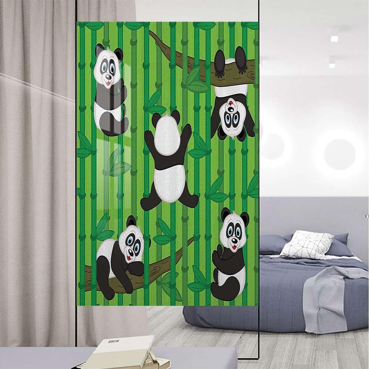 Green Black White Window Privacy Film Glass Sticker Decal Pandas Climbing on Bamboo Trees Children Window Film Privacy Non Adhesive Frosted Animal 23.6Wx47.2L-inch