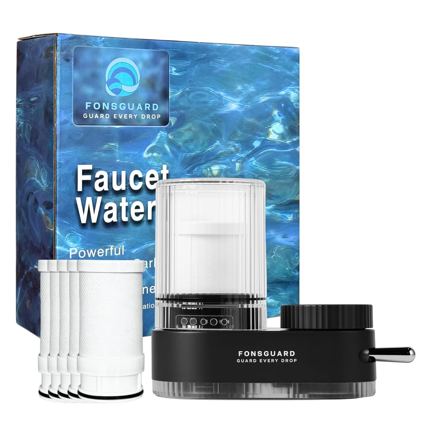 Water Faucet Filter, for Kitchen Sink and Bathroom Sink, Tap Water Filter, NSF Certified, High Efficiency Removes 99% Chlorine & Odor, Easy Installation (1 Filter System with 5 Filters)