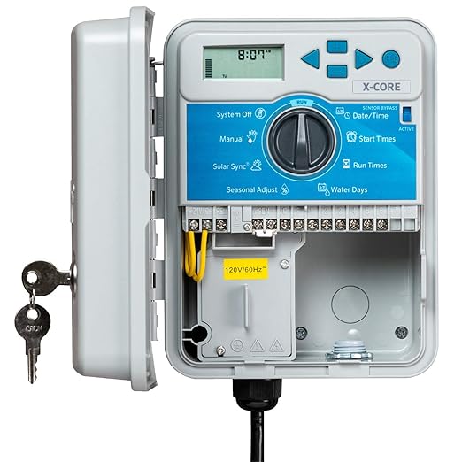 The Hunter Sprinkler XC600 X-Core is a 6-station outdoor irrigation controller designed for small to medium-sized residential or commercial irrigation systems. This compact controller allows you to schedule watering times and durations for up to 6 different zones, helping you achieve optimal watering efficiency for your landscape.