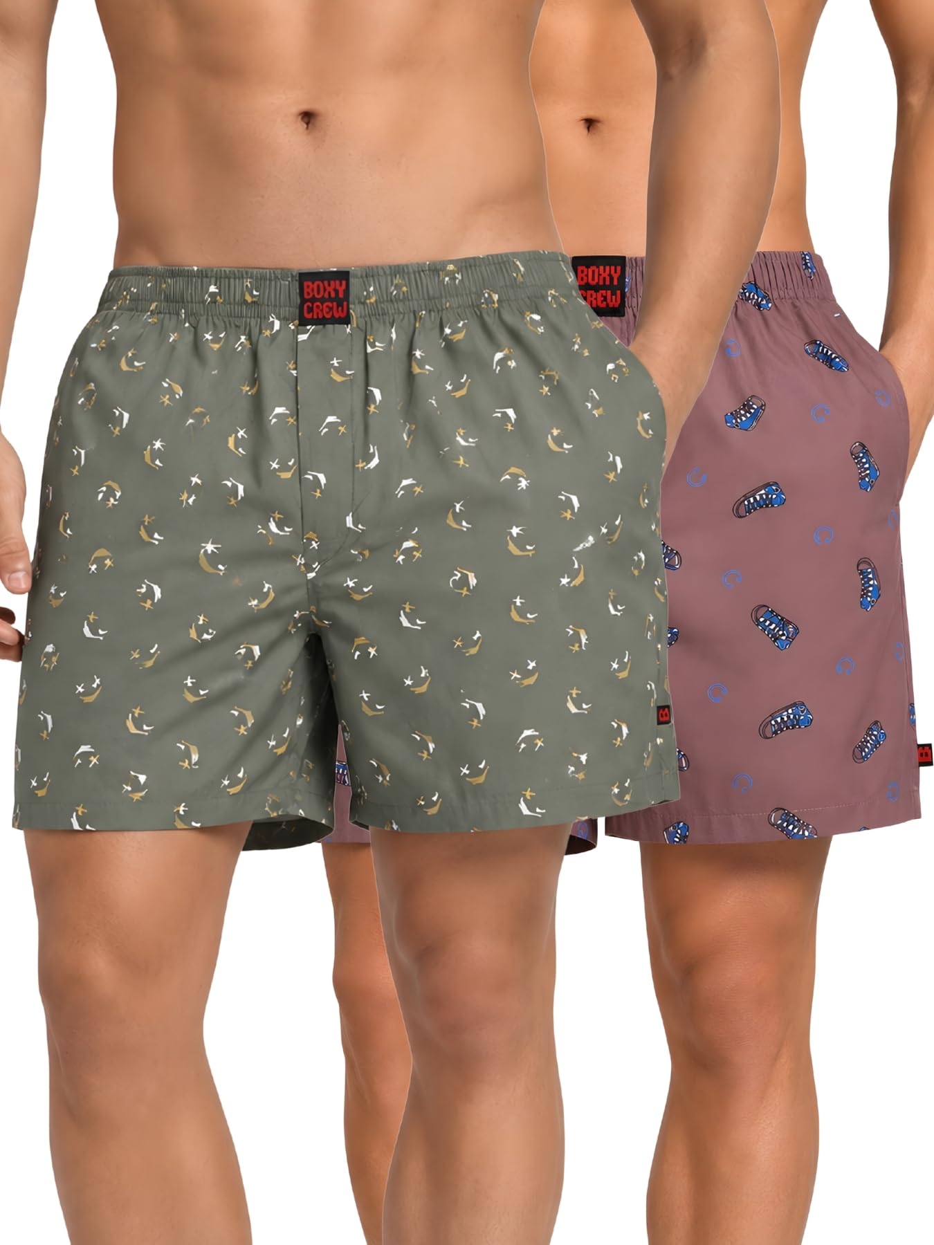 boxy crew Men Boxer Shorts Pack of 2, 100% Cotton Woven Boxers, Green & Mauve, Printed Designs, Dual Side Pockets, No-Marks Inner Elastic Waistband, Relaxed Fit Lounge & Sleep Shorts-picture-46
