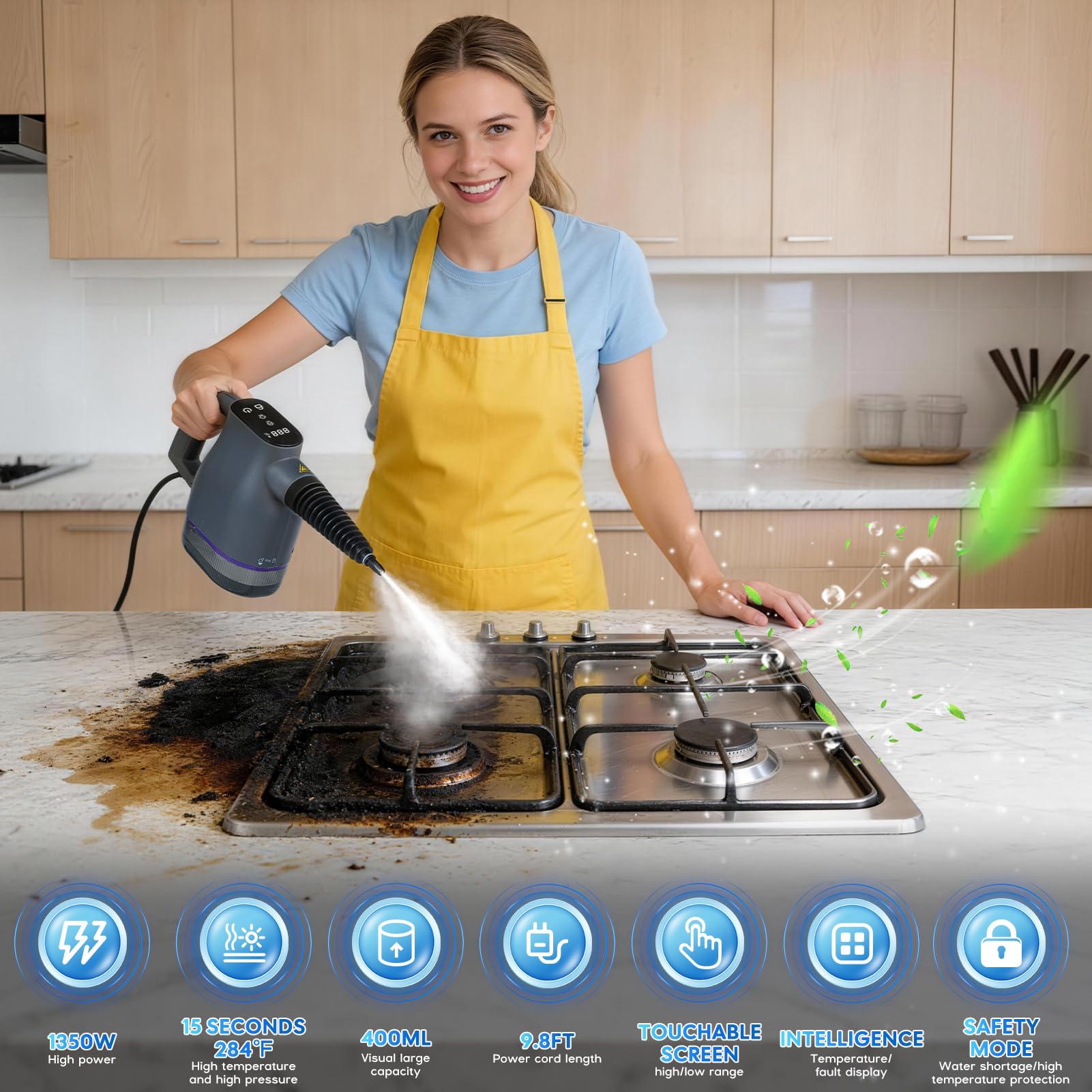 1350W Pulitore a Vapore Portatile con Riscaldamento Rapido 15s a 130°C – Touchscreen, Blocco Sicurezza, 400ml Senza Chimici – 9 Accessori per Auto, Divano, Pavimenti, Bagno, Piastrelle, Finestre