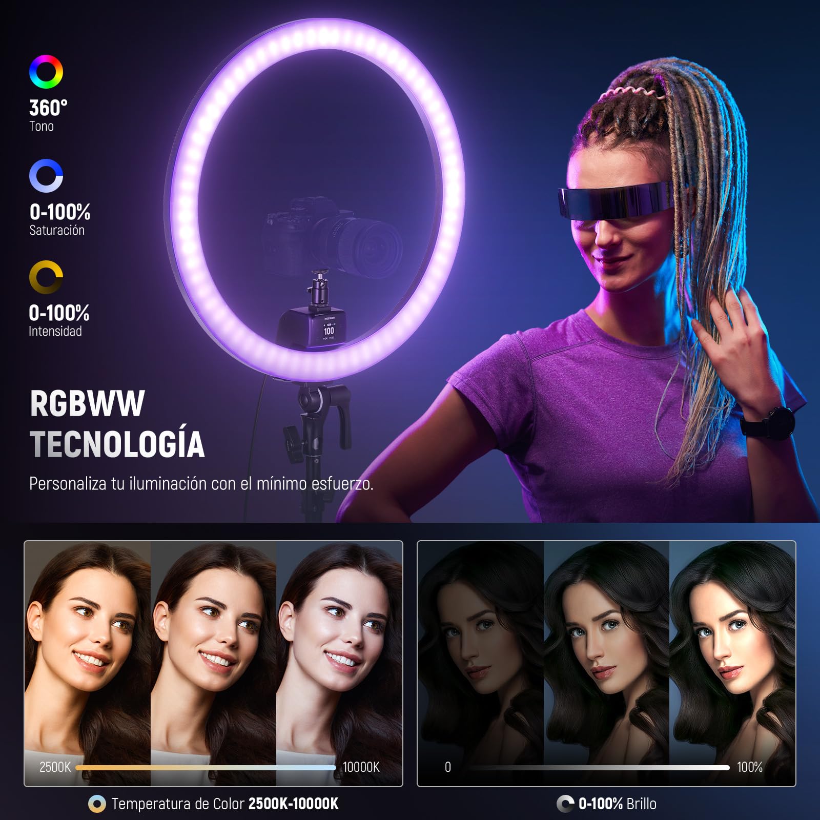 NEEWER SRP18C - Juego de Luces LED RGB ultradelgadas con Control de aplicación con Soporte de luz Reversible, Soporte para teléfono, rótula, 2500 K – 10000 K, CRI 95+/TLCI 97, 3700Lux/0,5 m, 18