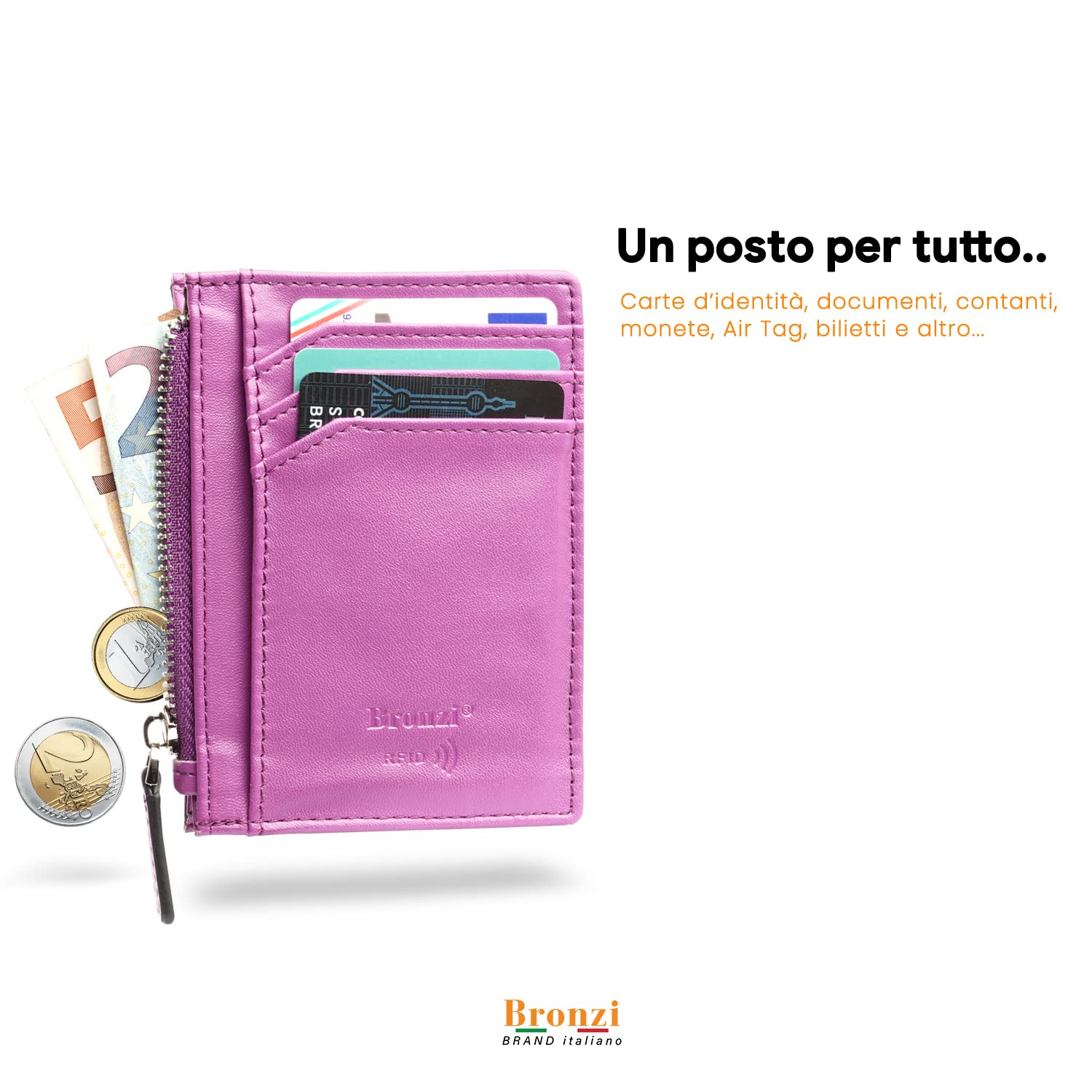 Bronzi Portafoglio Porta Carte Credito - Portafoglio Uomo Slim Portacarte uomo - Mini Porta Tessere - Protezione RFID - Design Smart Italiano Scatola Regalo inculsa (Zip Viola)