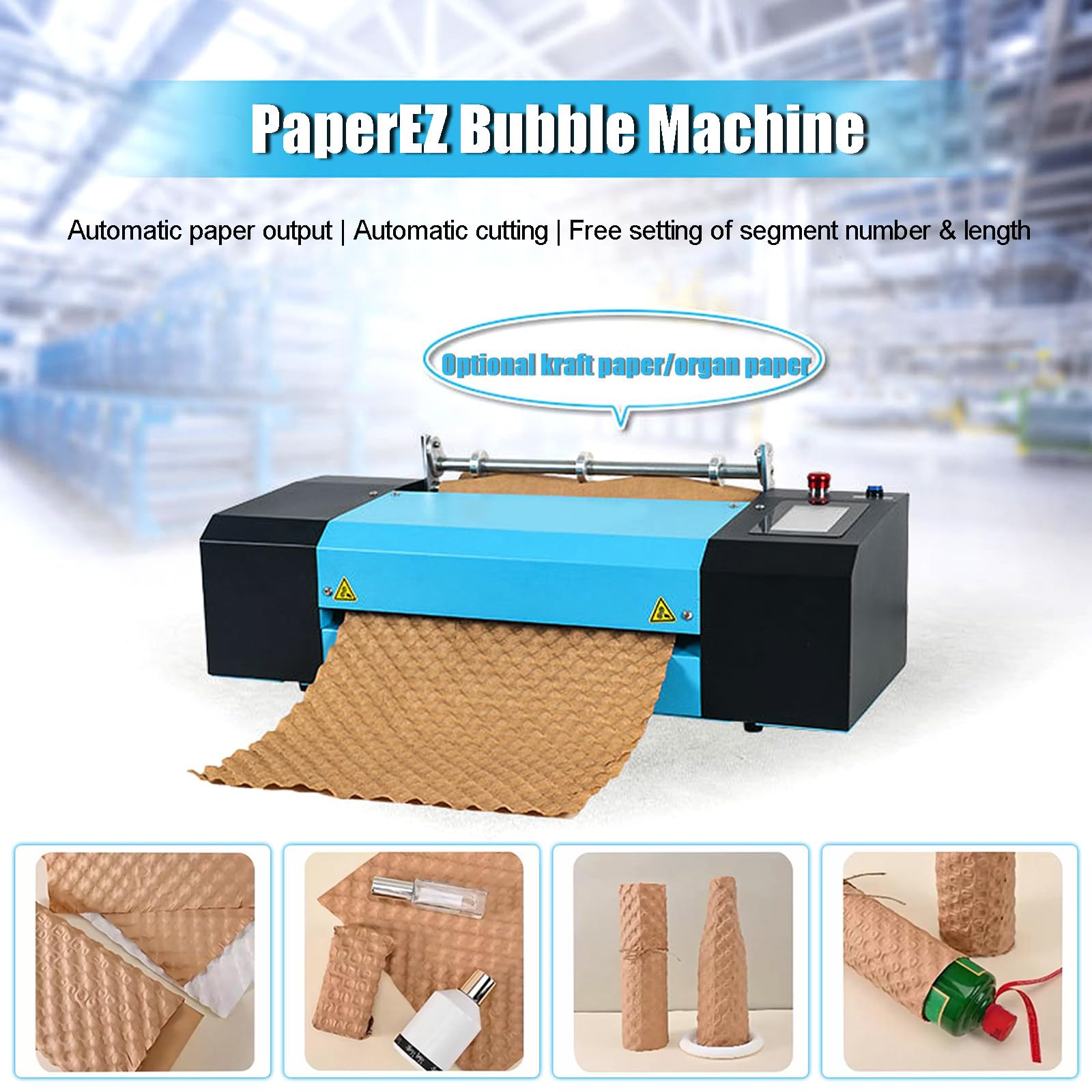 Macchina per la produzione di cuscini di carta, velocità 10 m/min, larghezza 40 cm, lunghezza personalizzata 25-999 cm, ideale per imballaggi e-commerce, alternativa ecologica al pluriball