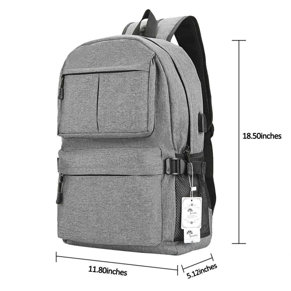 Mochila Winblo para computadora portátil con puerto de carga USB, ligera, unisex, 15.6 pulgadas, gris (E-Grey) L