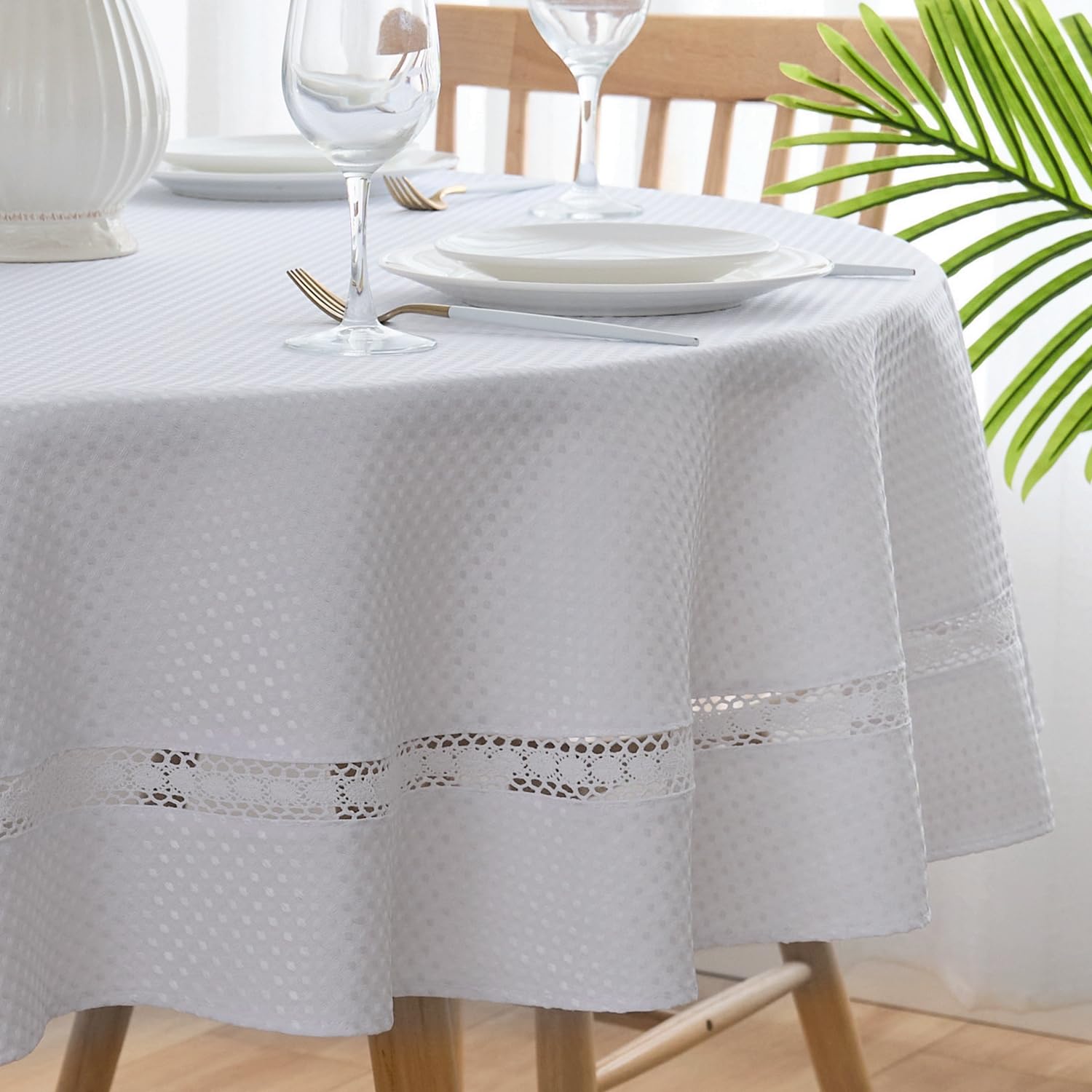 EHouseHome Heavy Duty Waffle Weave Jacquard Fabric Tablecloth with White Lace,Waterproof and Stain-Resistant Tablecloth for Dinning,Party,Holiday,