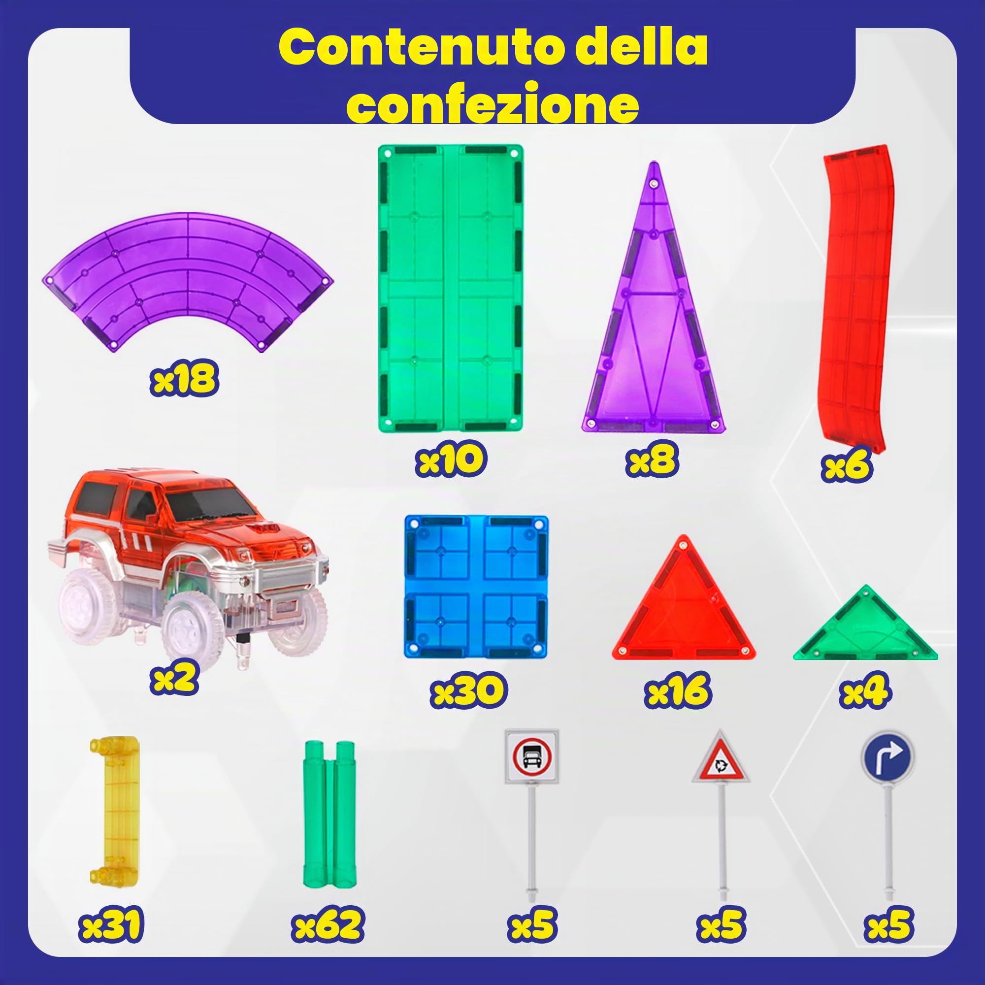 Playmags Set da 200 pezzi con piastrelle magnetiche, pista da corsa, include 2 auto da corsa elettriche motorizzate, per bambini dai 3 anni in su