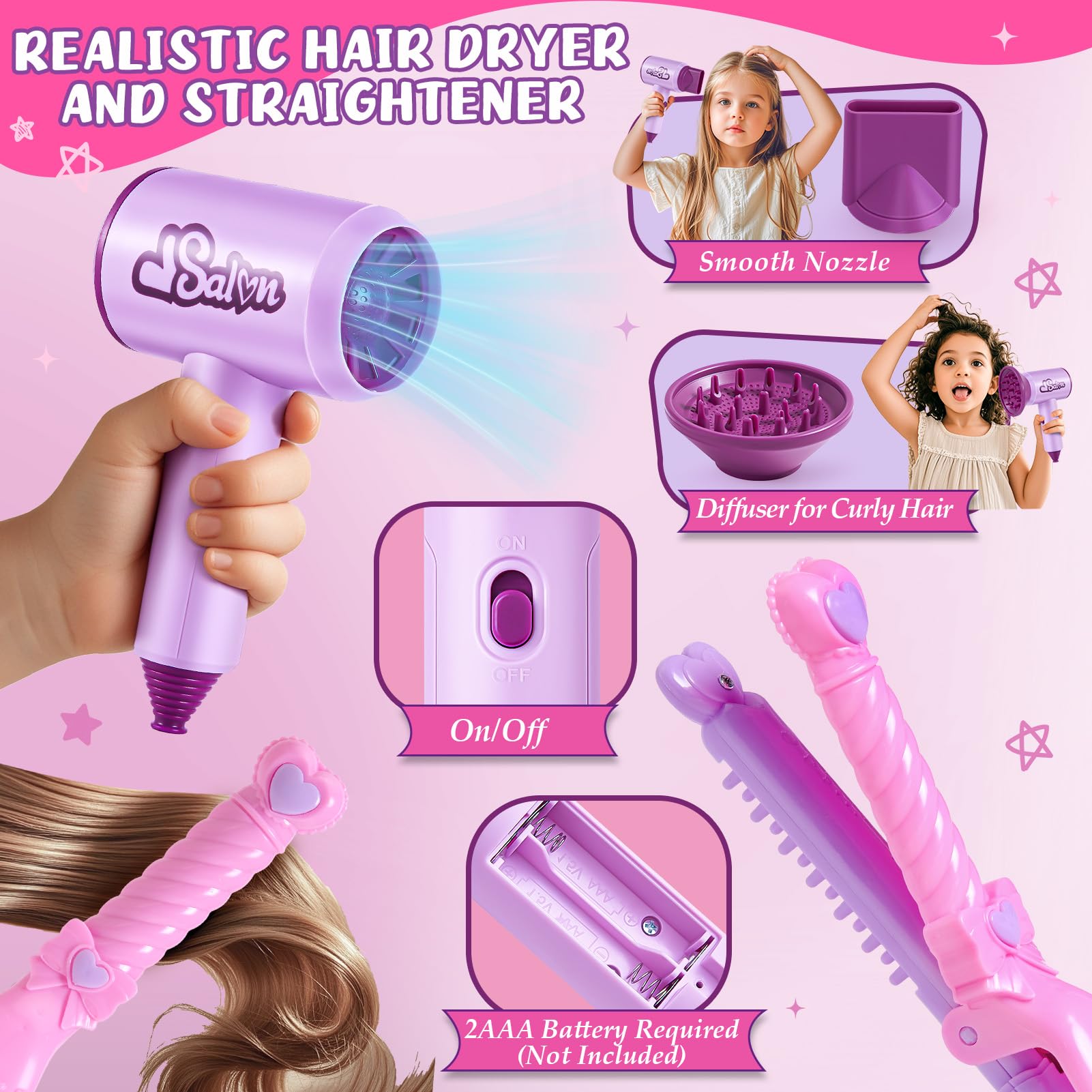 Frisierkopf Kinder Schminkkopf Mädchen Spielzeug, Stylingkopf Set mit Haartrockner, Lockenstab, Schminke, Hut, Haarstyling Zubehör, Rollenspiel Geschenk Puppenkopf zum Schminken Frisieren ab 3 Jahre