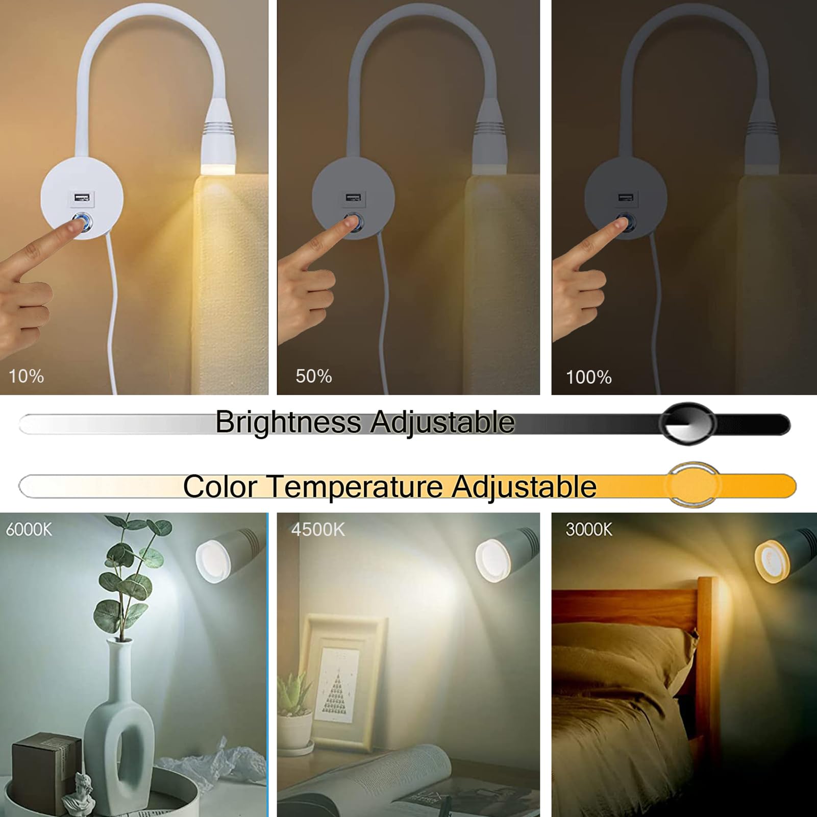 Lampe De Lecture Murale Avec Bras Flexible - Lumière Dimmable Et Température Réglable - Port USB De Charge - Pour Chambre, Chevet, Bureau